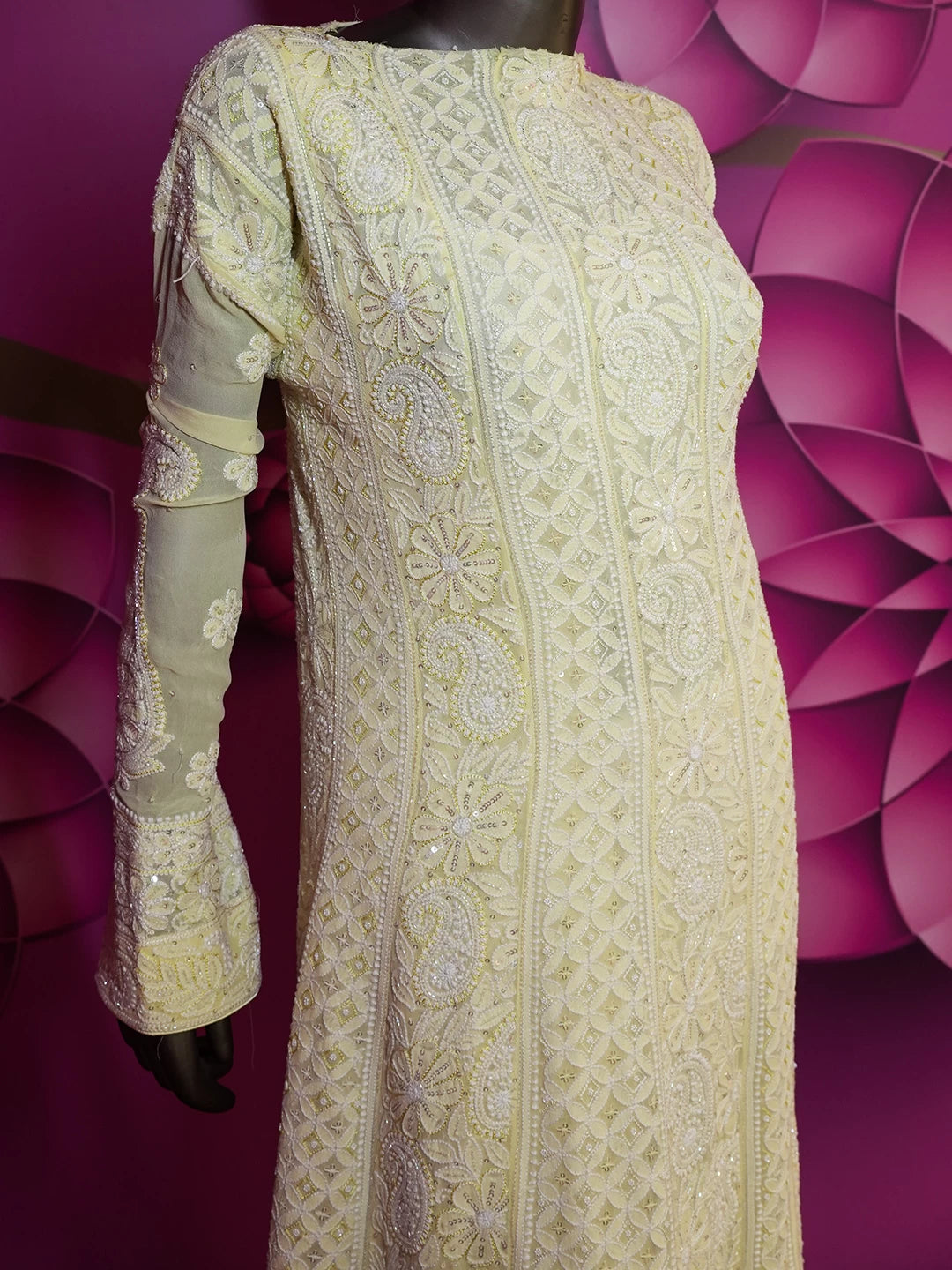Ada Hand Embroidered Lemon Pure Georgette Lucknowi Chikankari Semi-Stitched Anarkali Kurta Dupatta Set With Cutdana Work 01A388232