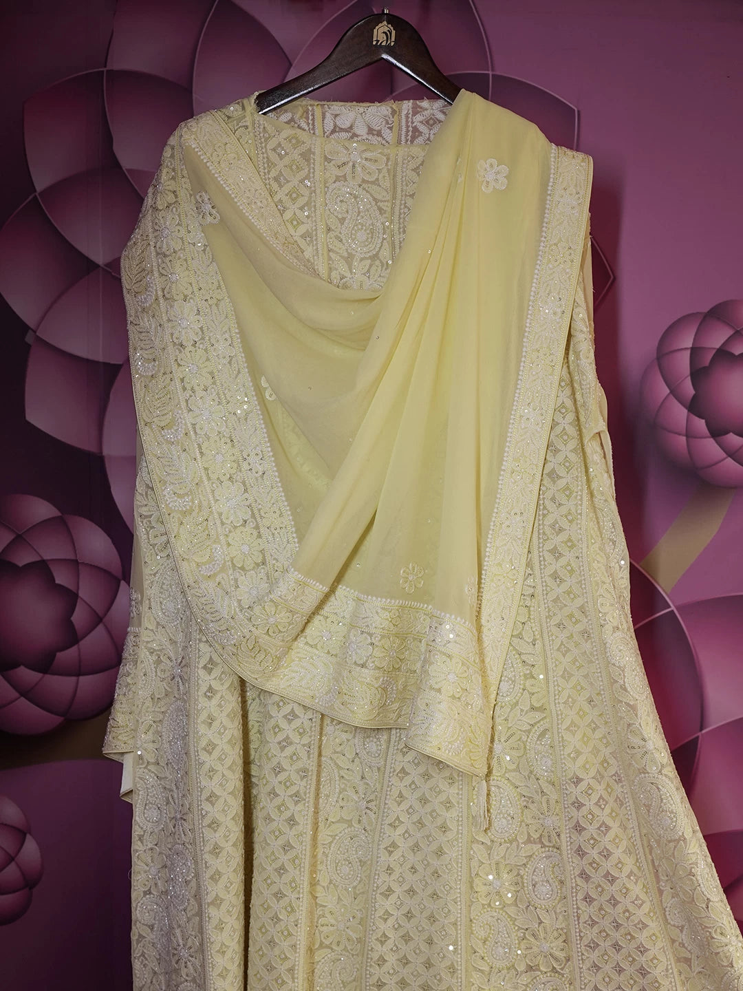 Ada Hand Embroidered Lemon Pure Georgette Lucknowi Chikankari Semi-Stitched Anarkali Kurta Dupatta Set With Cutdana Work 01A388232