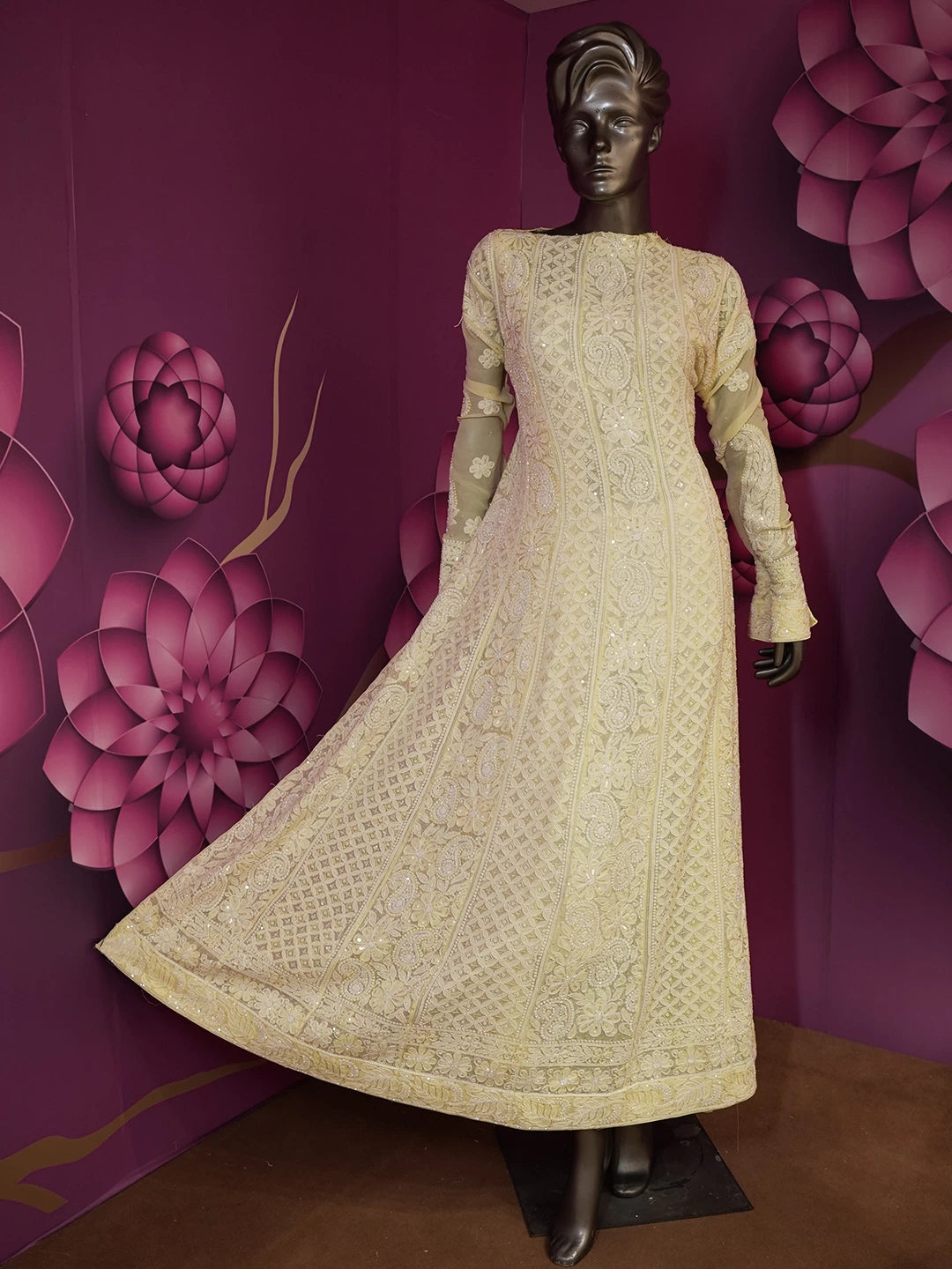 Ada Hand Embroidered Lemon Pure Georgette Lucknowi Chikankari Semi-Stitched Anarkali Kurta Dupatta Set With Cutdana Work 01A388232