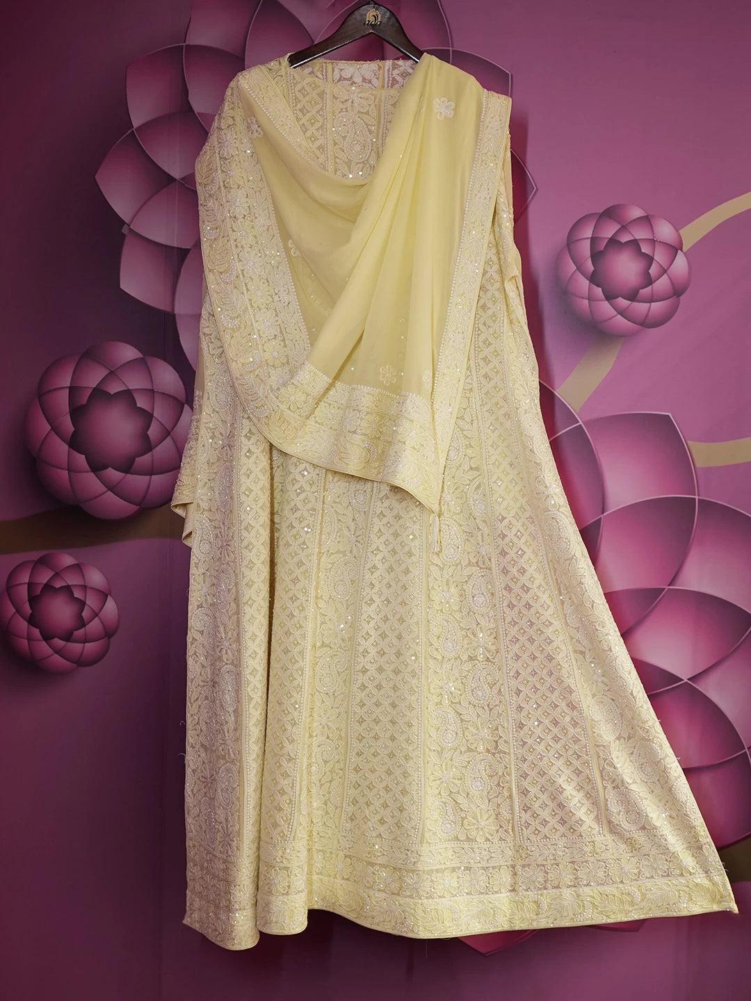 Ada Hand Embroidered Lemon Pure Georgette Lucknowi Chikankari Semi-Stitched Anarkali Kurta Dupatta Set With Cutdana Work 01A388232