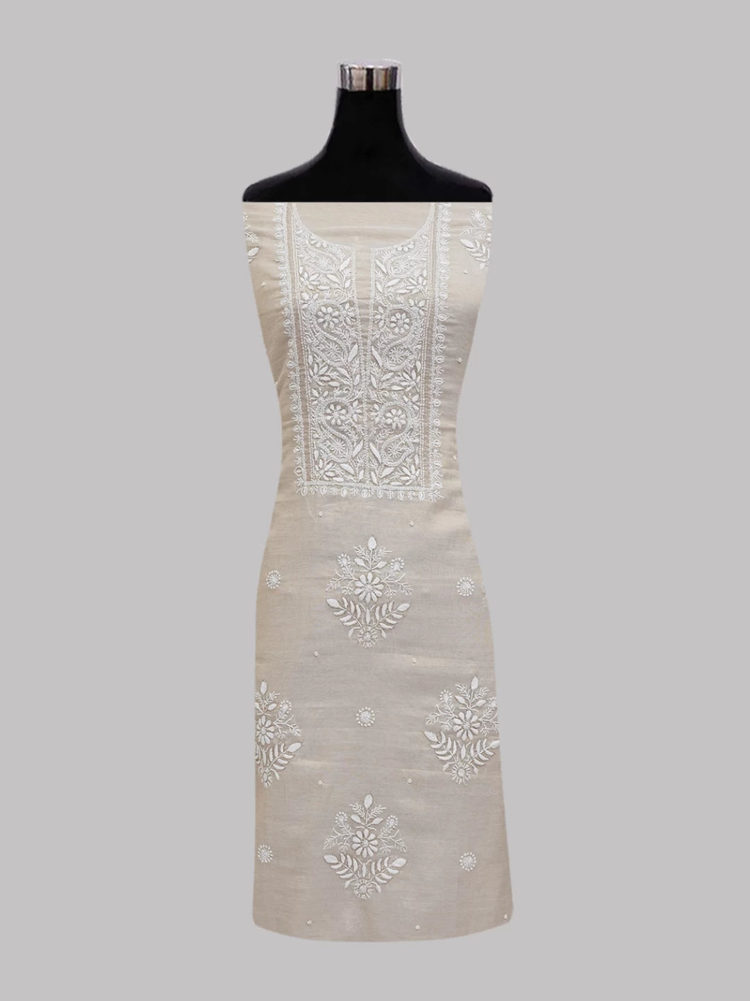 Ada Hand Embroidered Natural Fawn Tissue Lucknowi Chikankari Unstitched Kurta Dupatta Set With Cutdana Work 01A465922