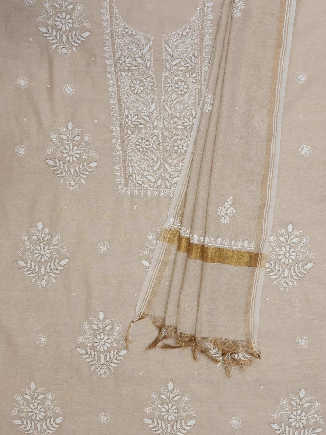 Ada Hand Embroidered Natural Fawn Tissue Lucknowi Chikankari Unstitched Kurta Dupatta Set With Cutdana Work 01A465922
