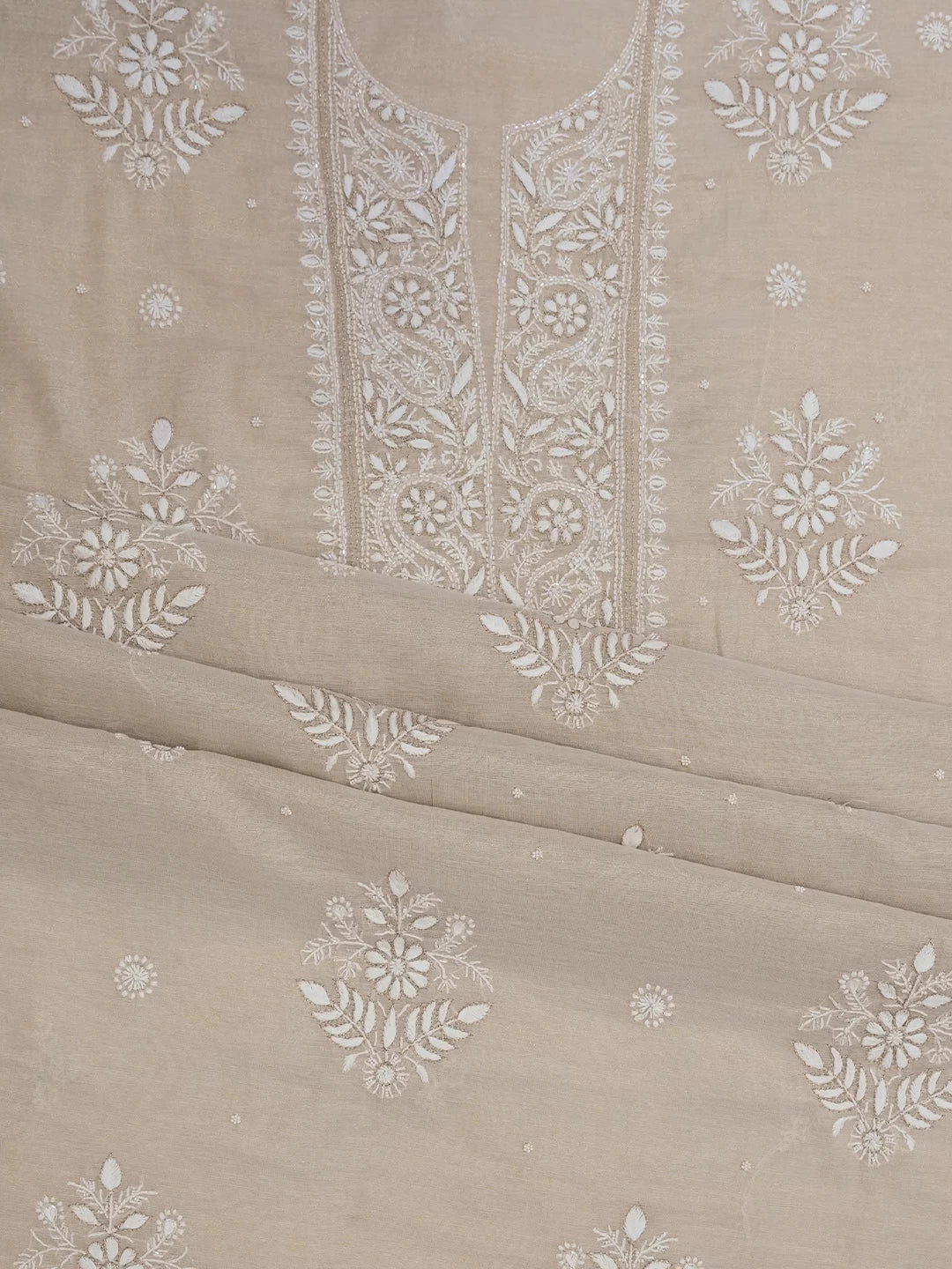 Ada Hand Embroidered Natural Fawn Tissue Lucknowi Chikankari Unstitched Kurta Dupatta Set With Cutdana Work 01A465922