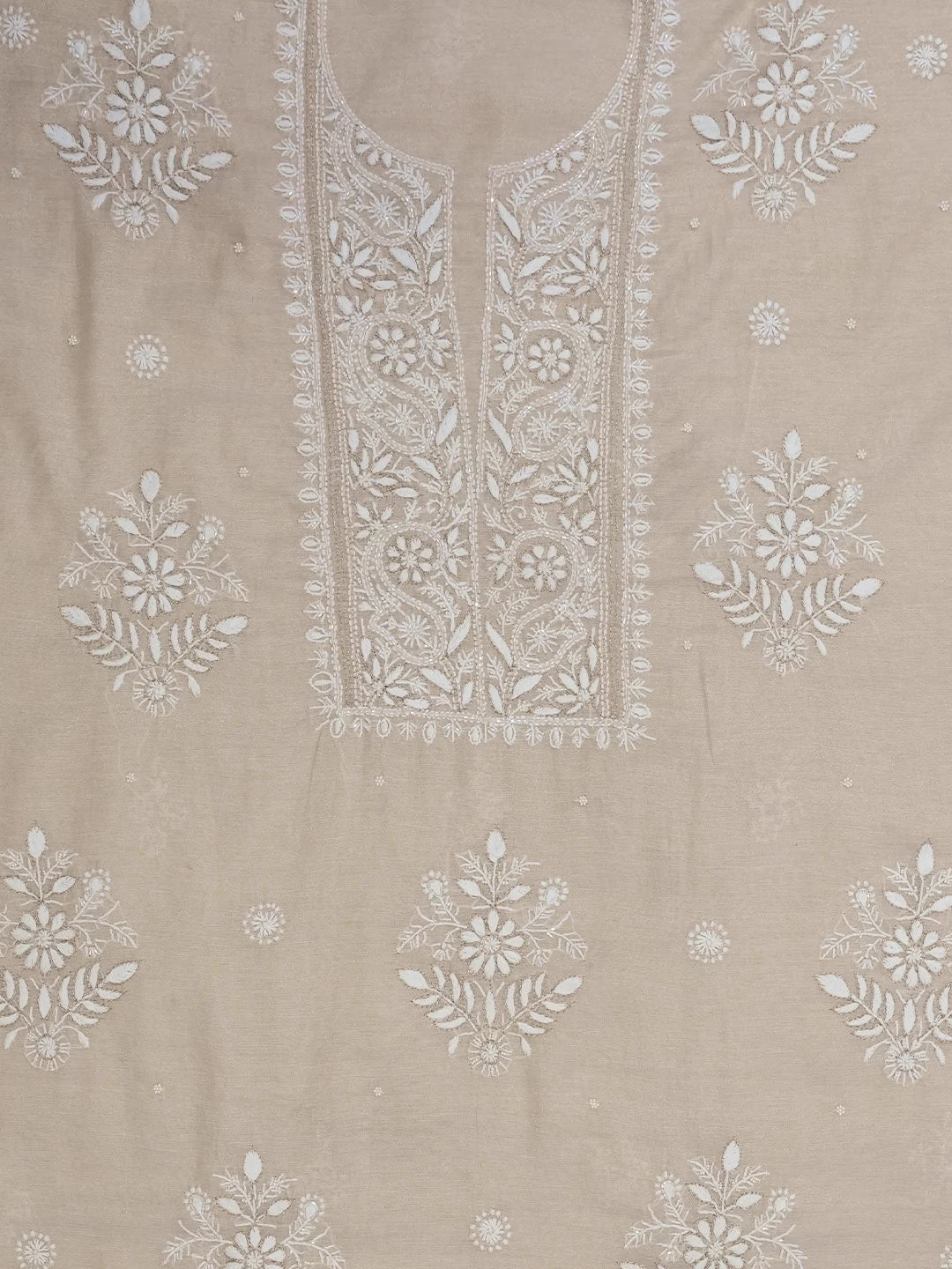 Ada Hand Embroidered Natural Fawn Tissue Lucknowi Chikankari Unstitched Kurta Dupatta Set With Cutdana Work 01A465922