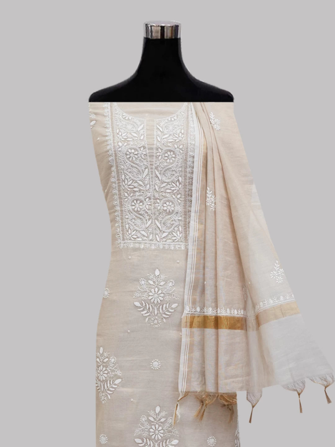 Ada Hand Embroidered Natural Fawn Tissue Lucknowi Chikankari Unstitched Kurta Dupatta Set With Cutdana Work 01A465922