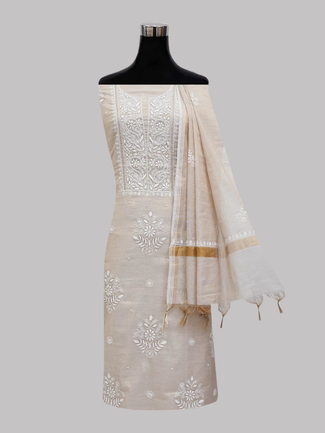 Ada Hand Embroidered Natural Fawn Tissue Lucknowi Chikankari Unstitched Kurta Dupatta Set With Cutdana Work 01A465922