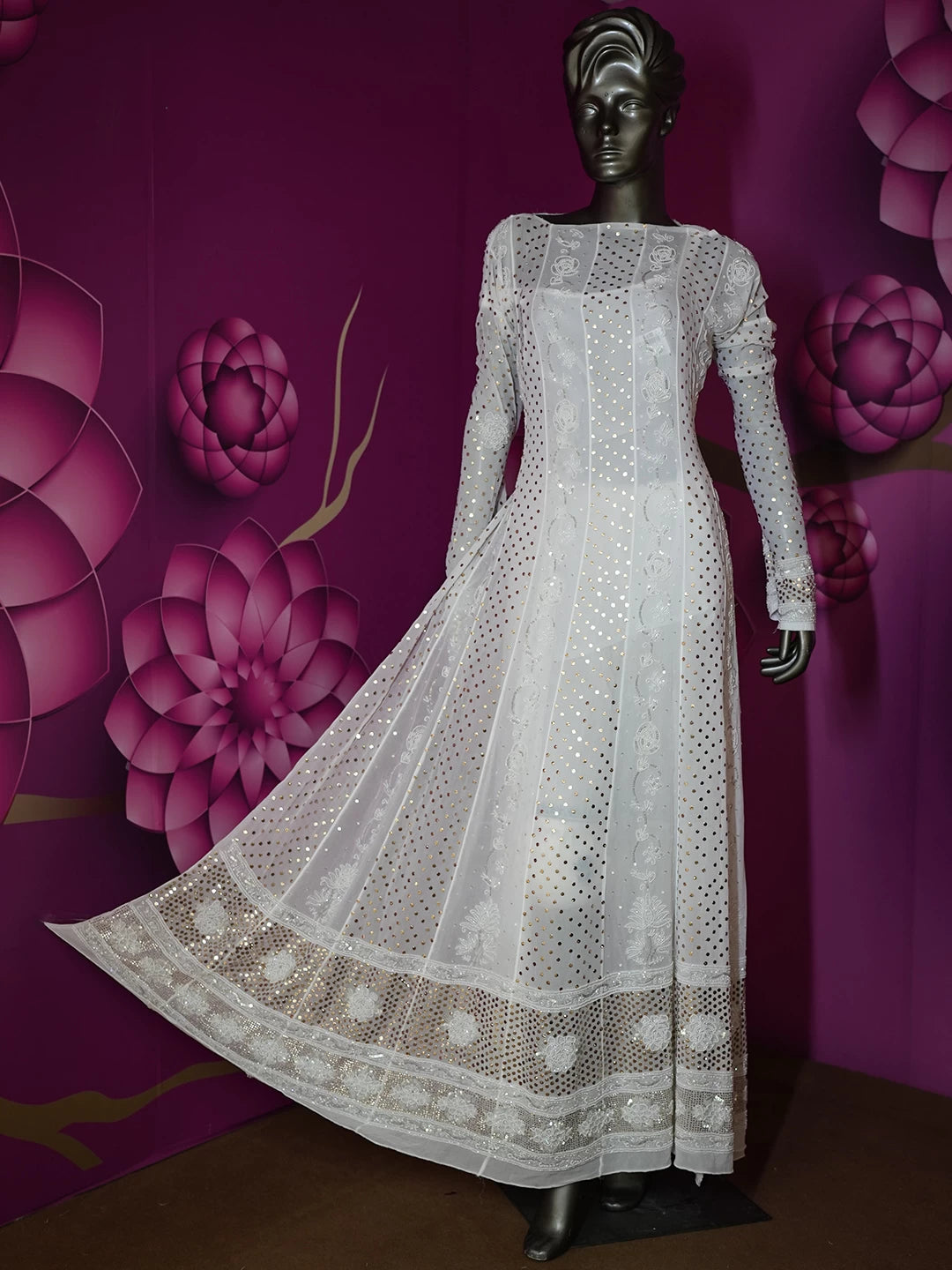 Ada Hand Embroidered White Viscose Georgette Lucknowi Chikankari Semi-Stitched Anarkali Kurta Dupatta Set With Pearl Work 01A389111