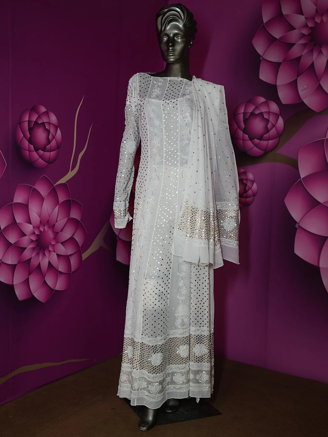 Ada Hand Embroidered White Viscose Georgette Lucknowi Chikankari Semi-Stitched Anarkali Kurta Dupatta Set With Pearl Work 01A389111