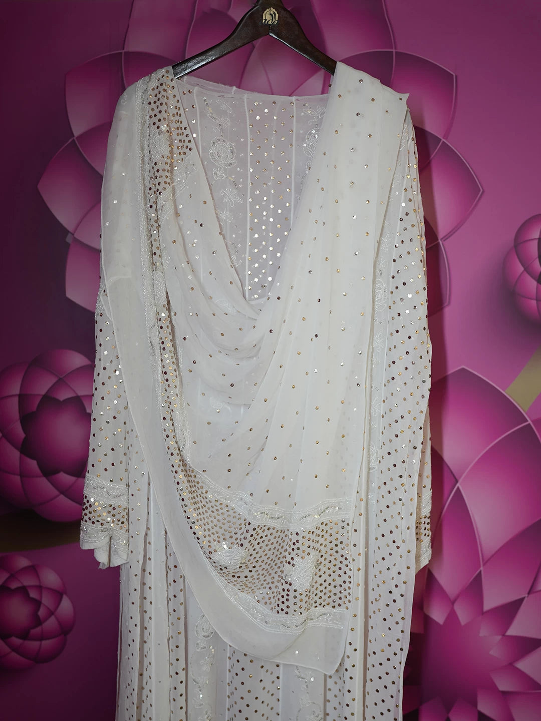 Ada Hand Embroidered White Viscose Georgette Lucknowi Chikankari Semi-Stitched Anarkali Kurta Dupatta Set With Pearl Work 01A389111