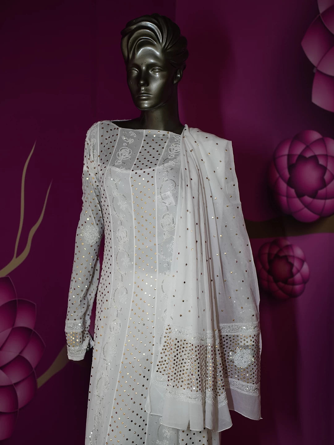 Ada Hand Embroidered White Viscose Georgette Lucknowi Chikankari Semi-Stitched Anarkali Kurta Dupatta Set With Pearl Work 01A389111
