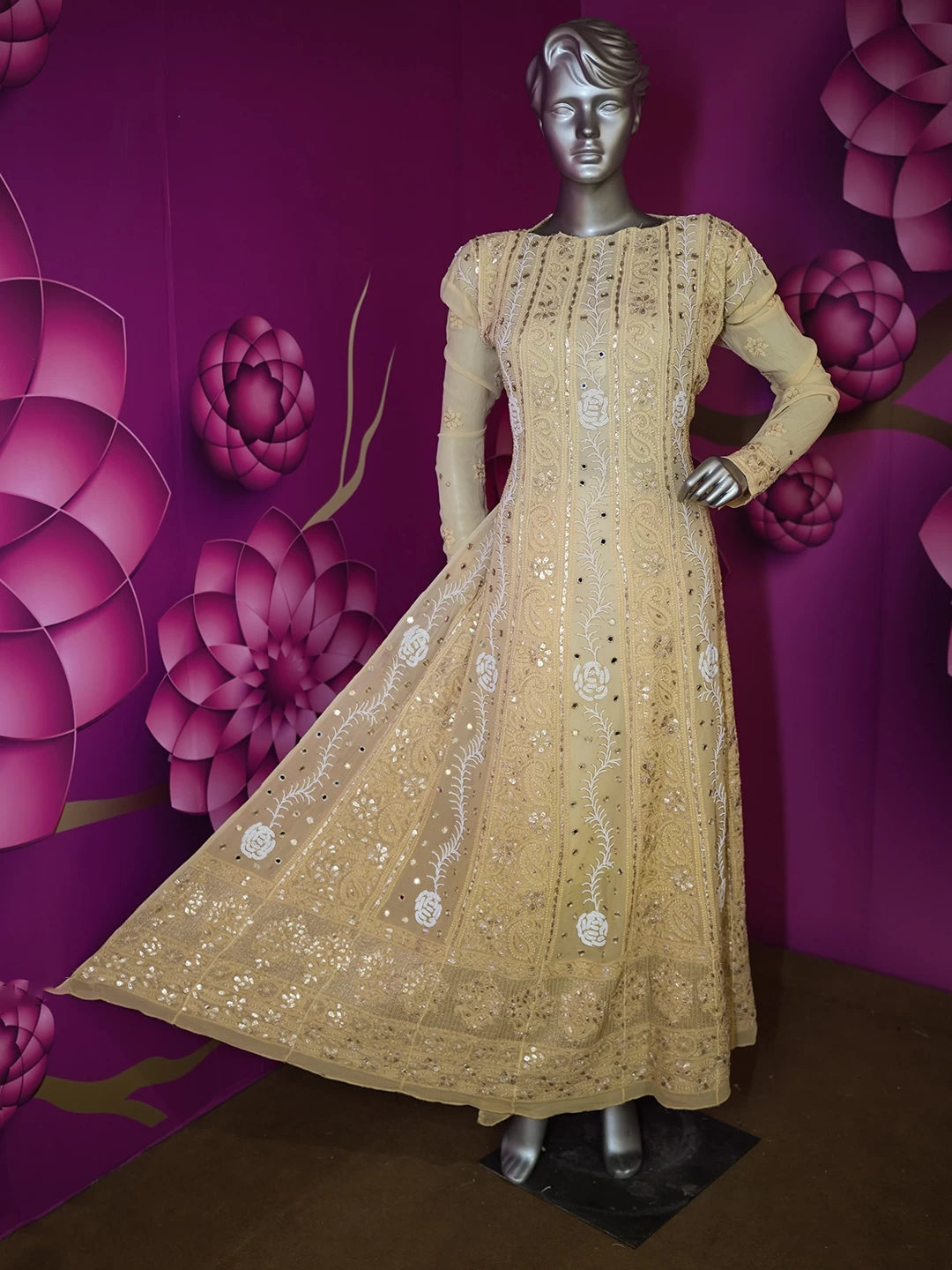 Ada Hand Embroidered Fawn Viscose Georgette Lucknowi Chikankari Semi-Stitched Anarkali Kurta Dupatta Set With Pearl Work 01A352611