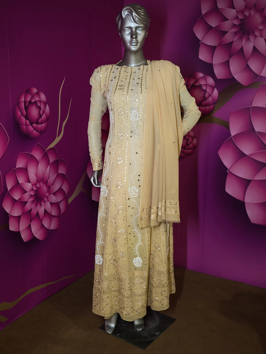 Ada Hand Embroidered Fawn Viscose Georgette Lucknowi Chikankari Semi-Stitched Anarkali Kurta Dupatta Set With Pearl Work 01A352611