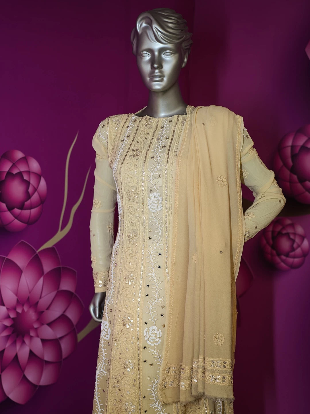 Ada Hand Embroidered Fawn Viscose Georgette Lucknowi Chikankari Semi-Stitched Anarkali Kurta Dupatta Set With Pearl Work 01A352611
