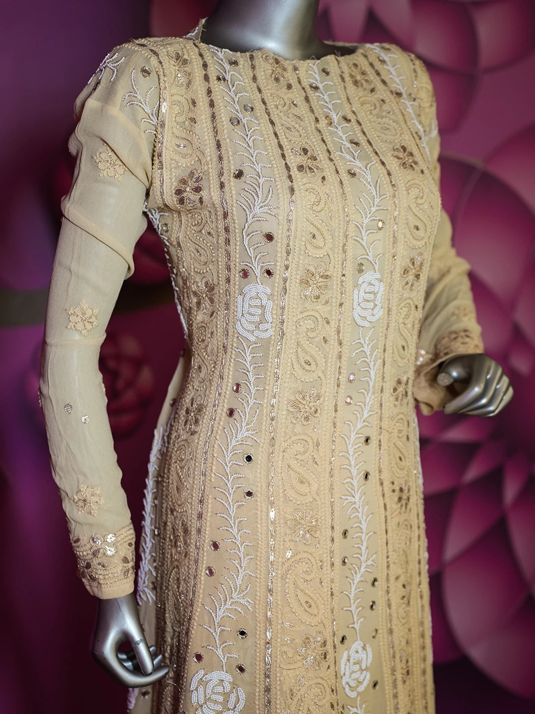Ada Hand Embroidered Fawn Viscose Georgette Lucknowi Chikankari Semi-Stitched Anarkali Kurta Dupatta Set With Pearl Work 01A352611