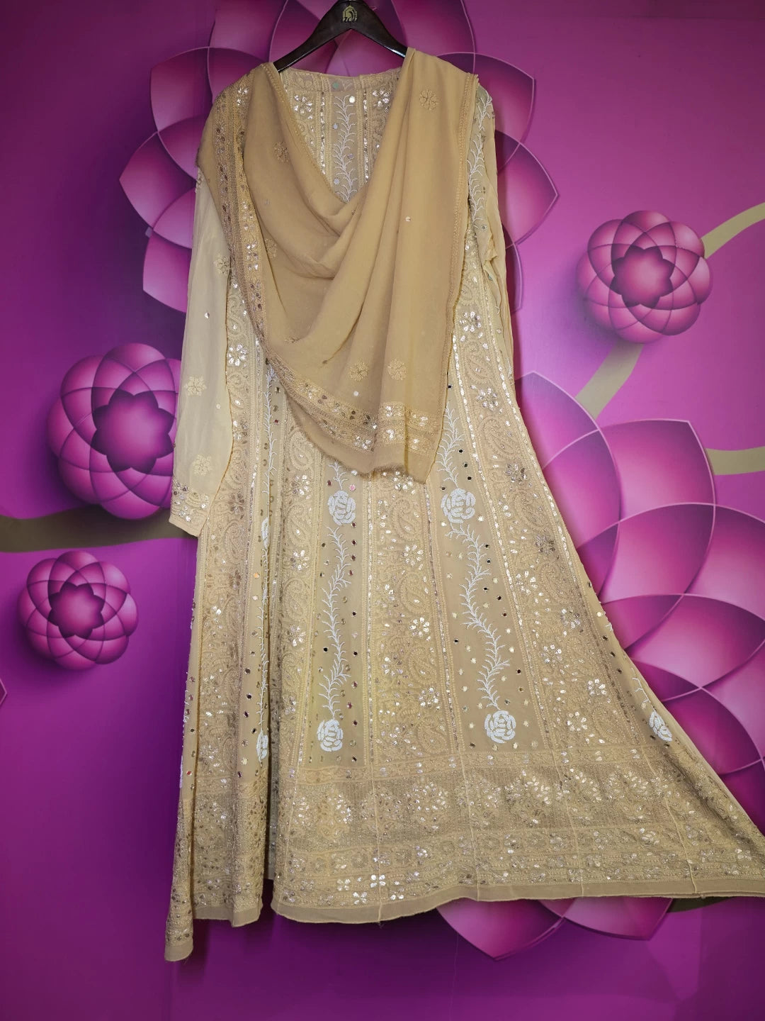 Ada Hand Embroidered Fawn Viscose Georgette Lucknowi Chikankari Semi-Stitched Anarkali Kurta Dupatta Set With Pearl Work 01A352611