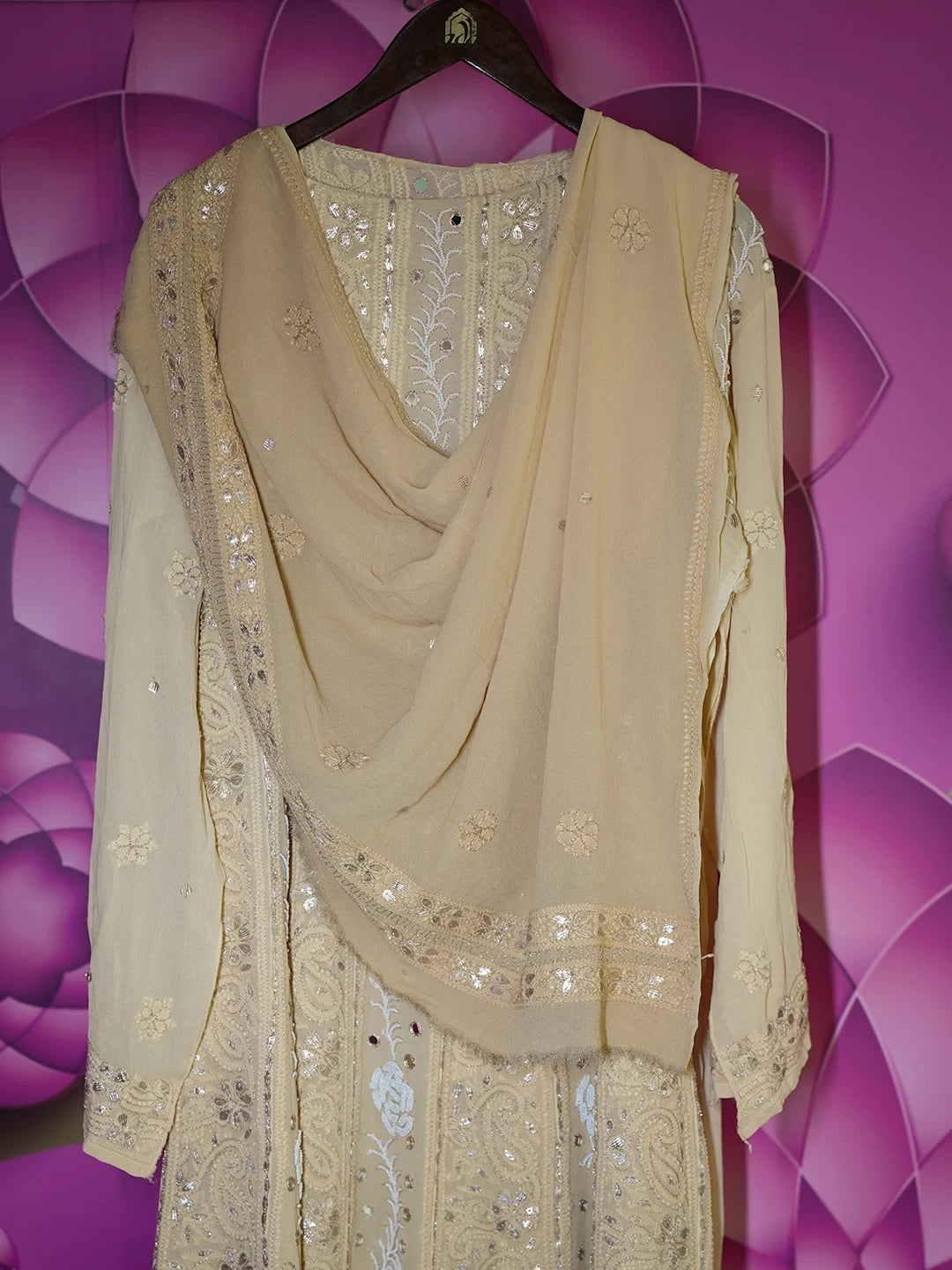 Ada Hand Embroidered Fawn Viscose Georgette Lucknowi Chikankari Semi-Stitched Anarkali Kurta Dupatta Set With Pearl Work 01A352611