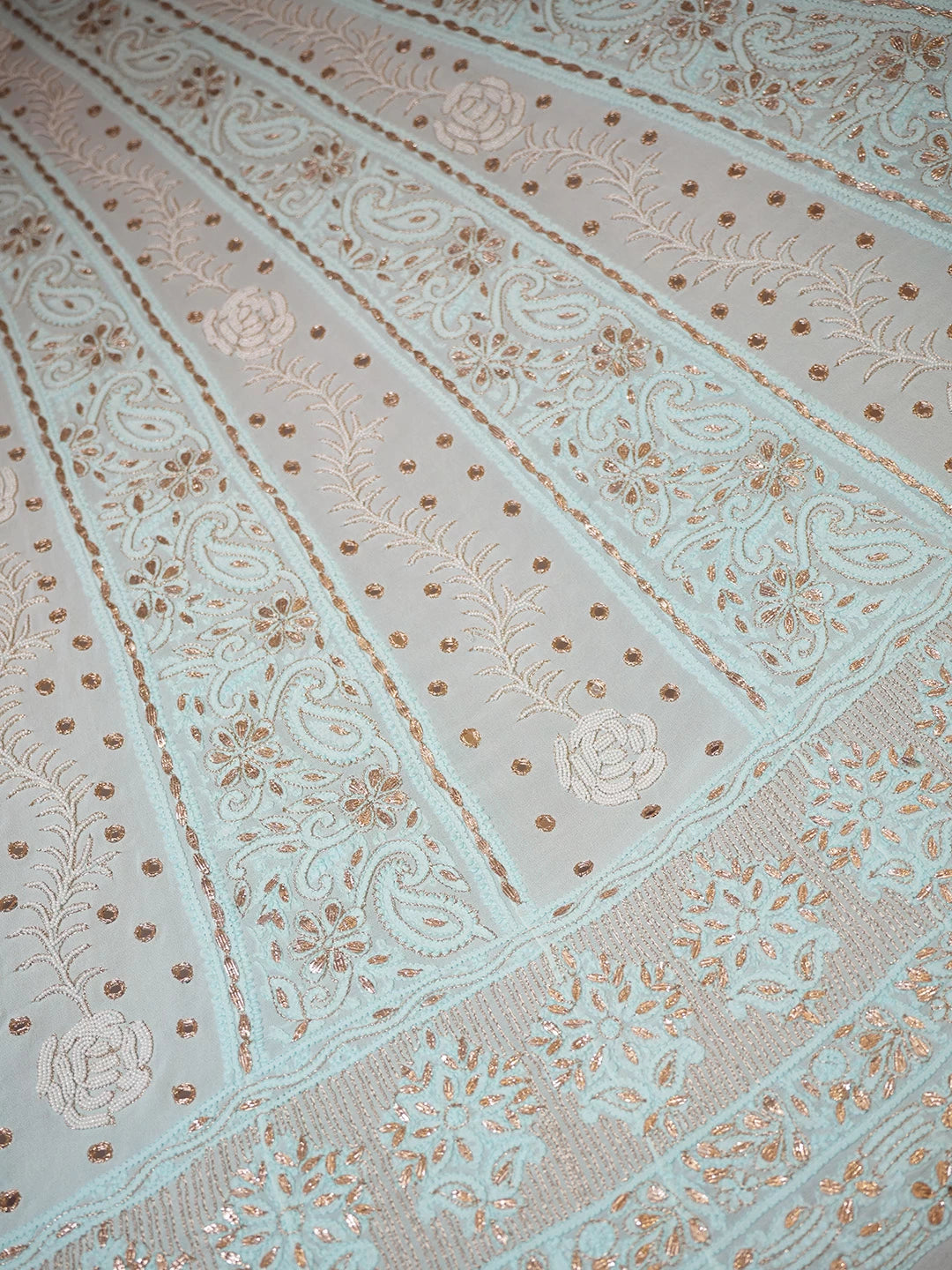 Ada Hand Embroidered Light Blue Georgette Lucknowi Chikankari Semi-Stitched Anarkali Kurta Dupatta Set With Pearl Work 01A370831