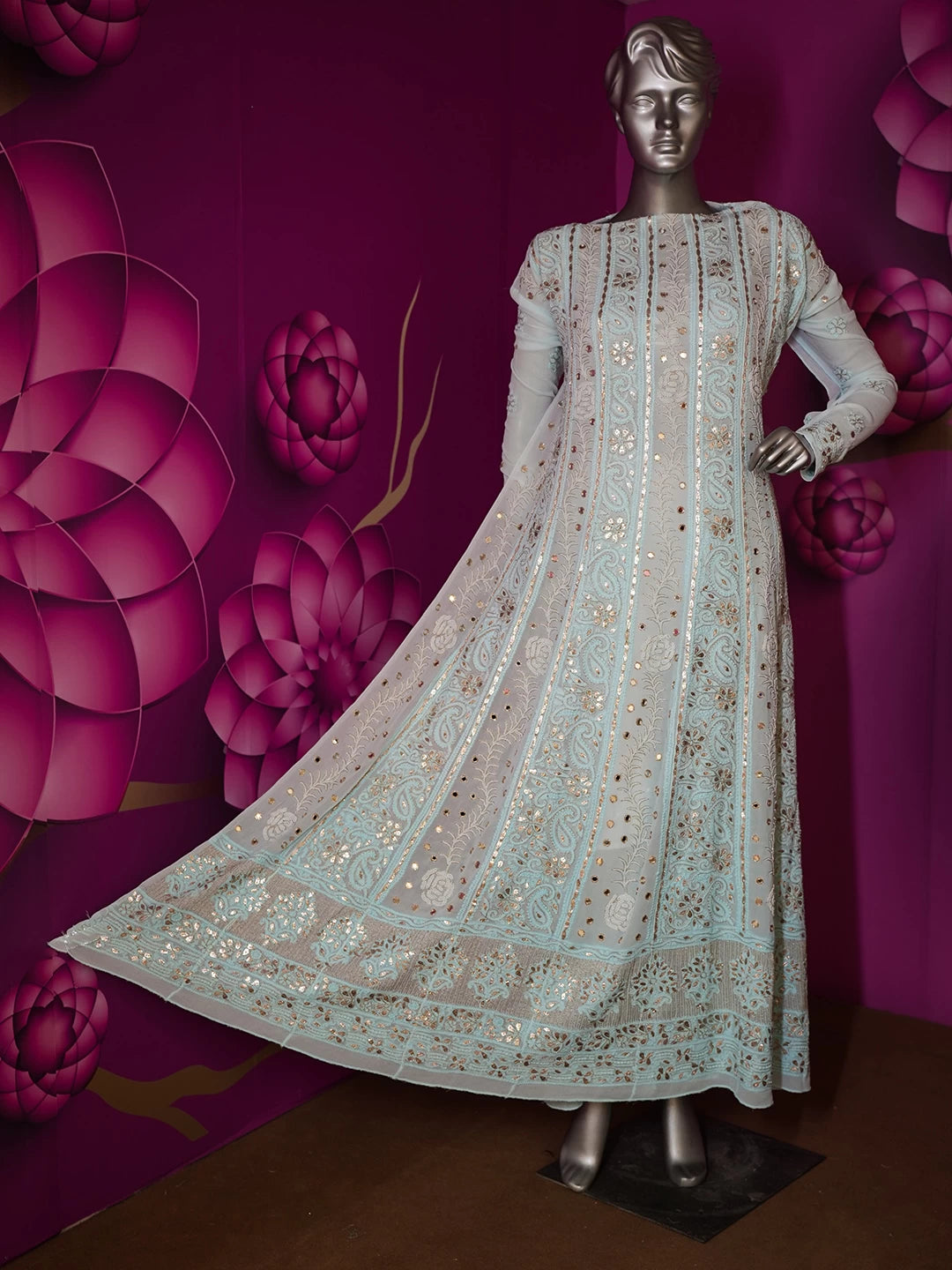 Ada Hand Embroidered Light Blue Georgette Lucknowi Chikankari Semi-Stitched Anarkali Kurta Dupatta Set With Pearl Work 01A370831
