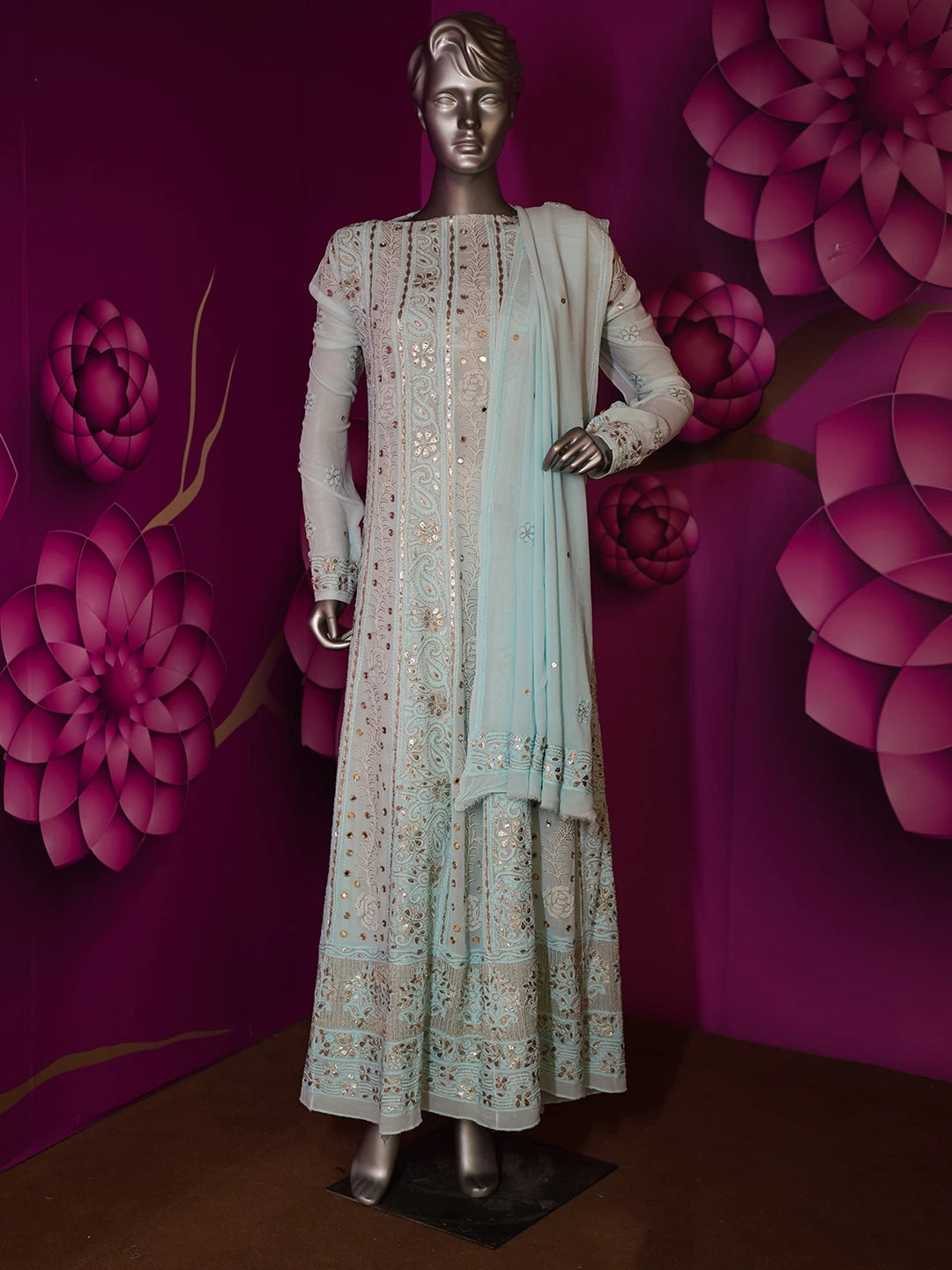 Ada Hand Embroidered Light Blue Georgette Lucknowi Chikankari Semi-Stitched Anarkali Kurta Dupatta Set With Pearl Work 01A370831