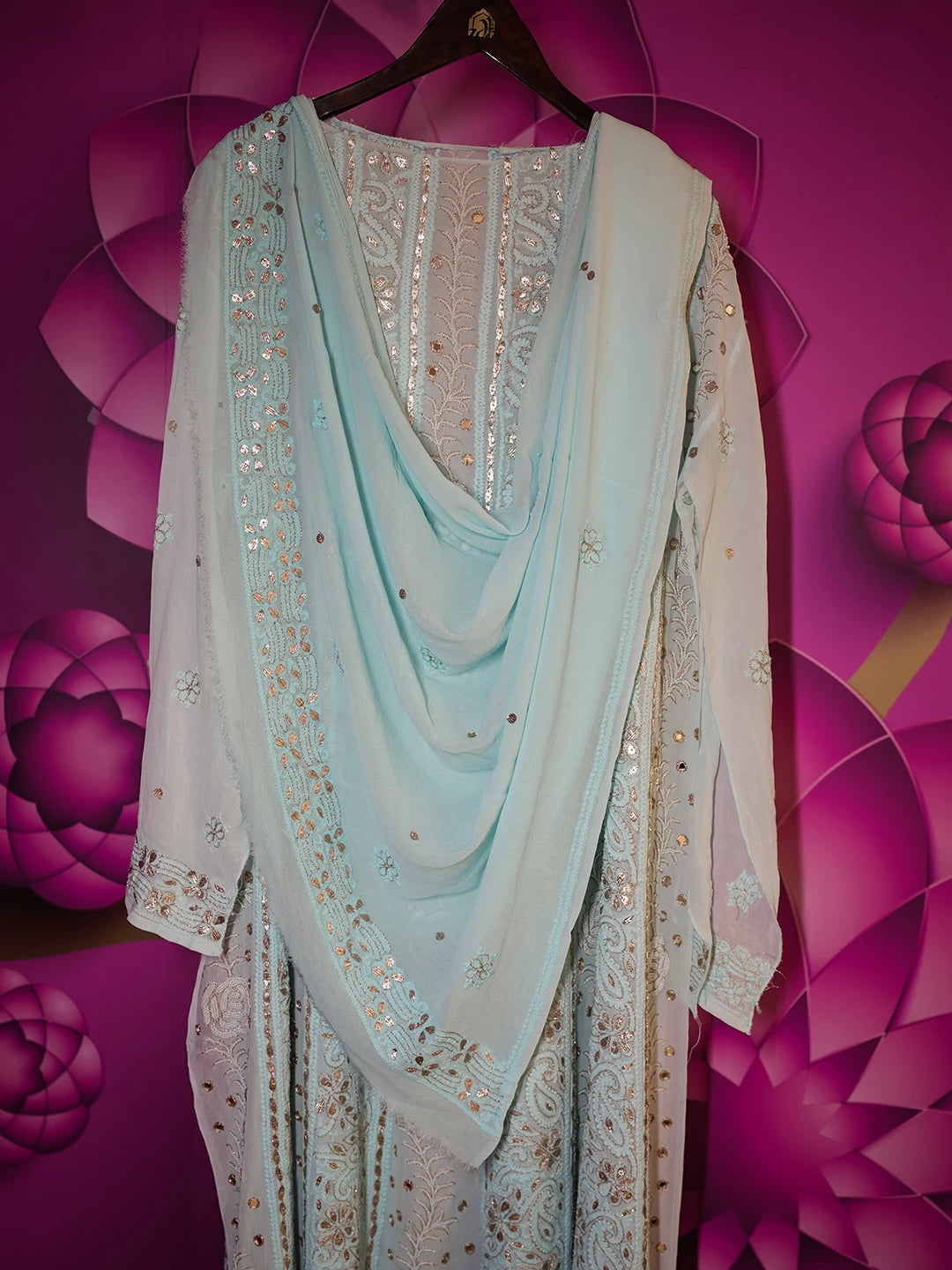 Ada Hand Embroidered Light Blue Georgette Lucknowi Chikankari Semi-Stitched Anarkali Kurta Dupatta Set With Pearl Work 01A370831