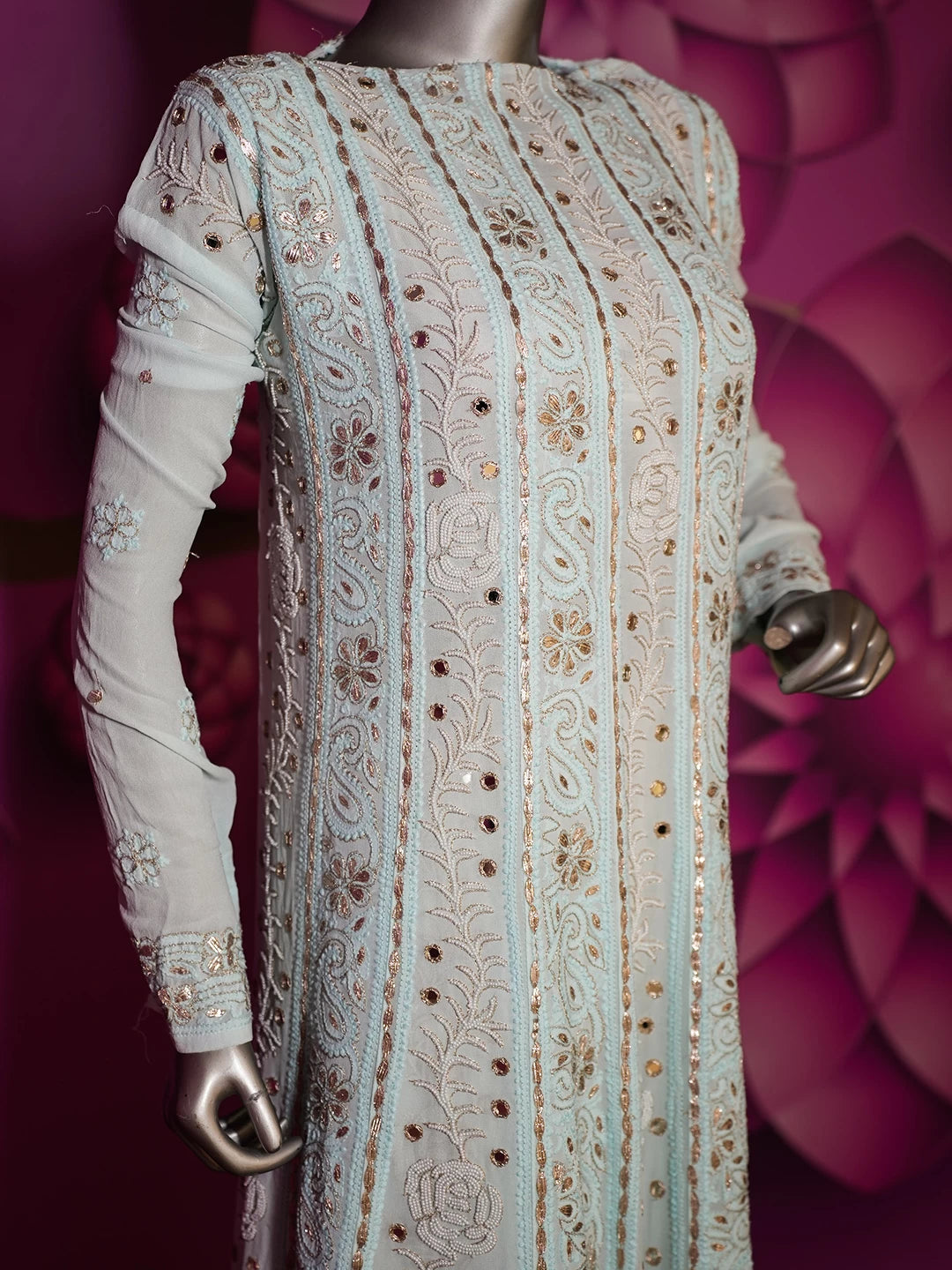 Ada Hand Embroidered Light Blue Georgette Lucknowi Chikankari Semi-Stitched Anarkali Kurta Dupatta Set With Pearl Work 01A370831