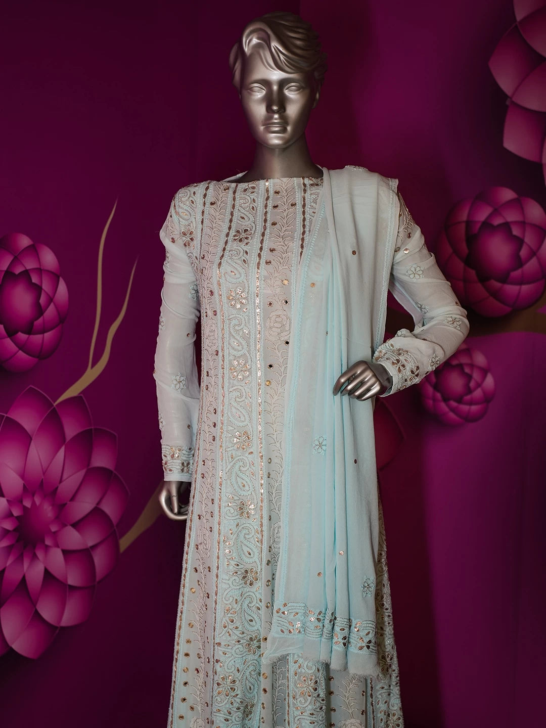Ada Hand Embroidered Light Blue Georgette Lucknowi Chikankari Semi-Stitched Anarkali Kurta Dupatta Set With Pearl Work 01A370831