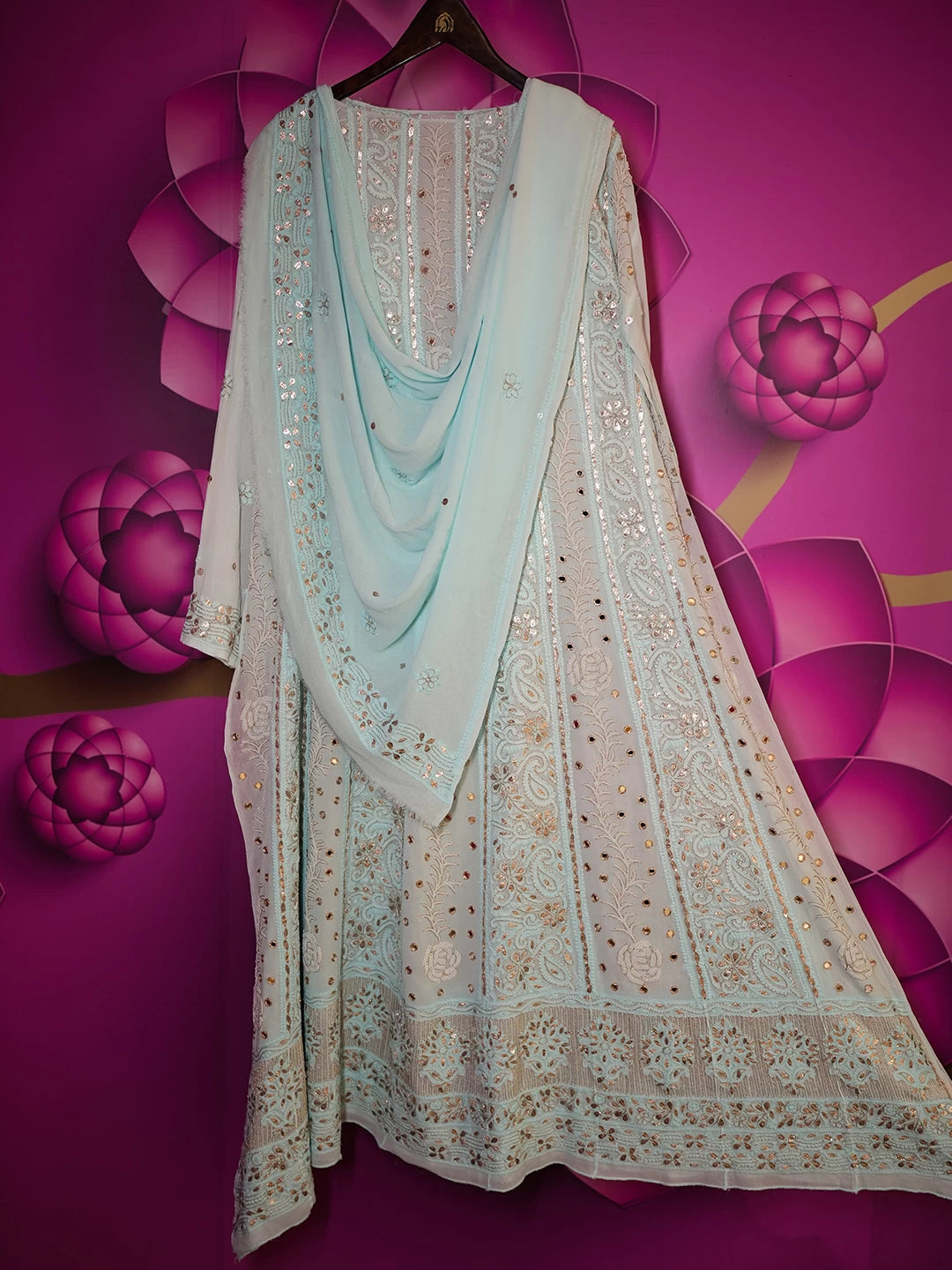 Ada Hand Embroidered Light Blue Georgette Lucknowi Chikankari Semi-Stitched Anarkali Kurta Dupatta Set With Pearl Work 01A370831