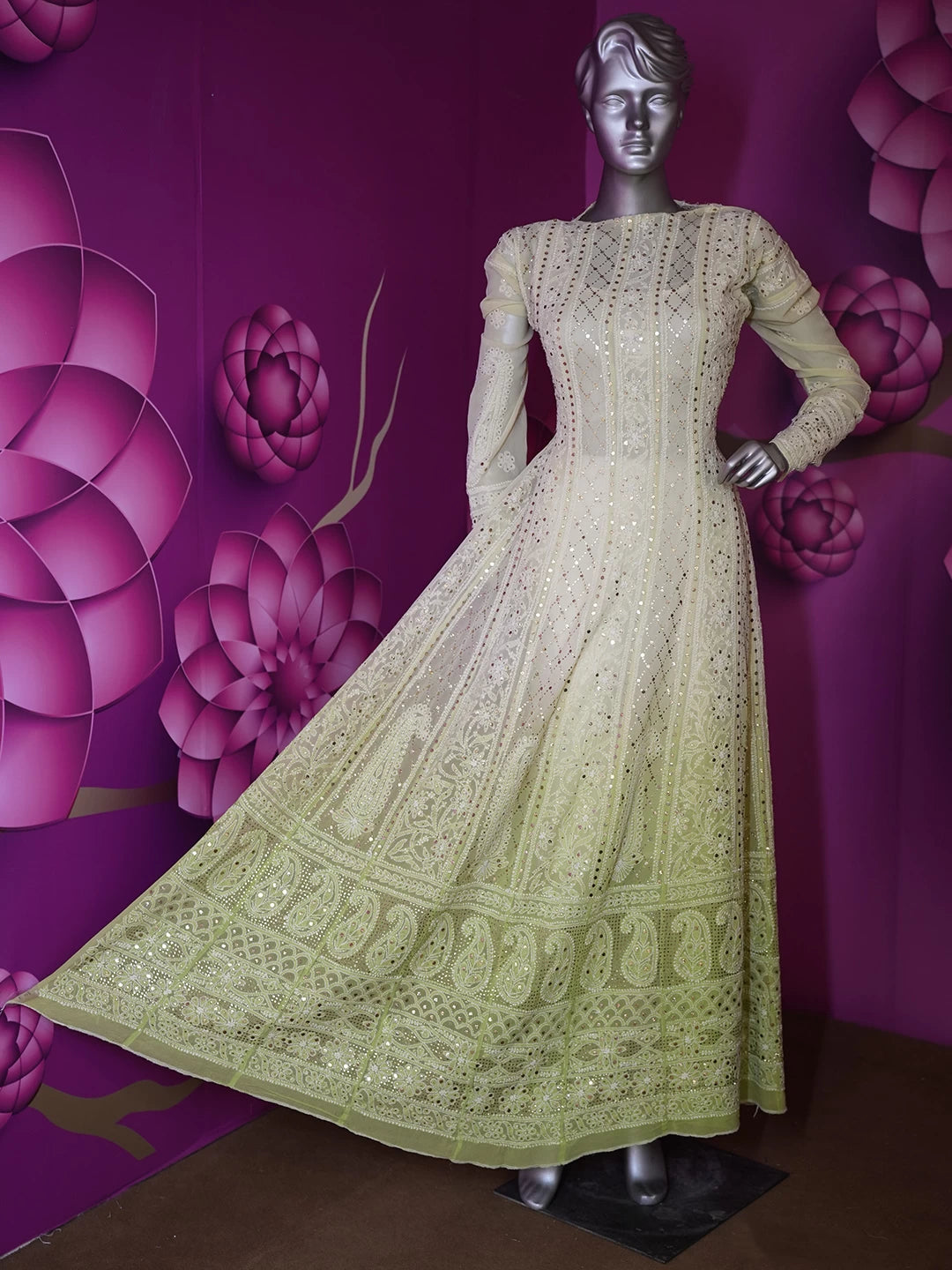Ada Hand Embroidered Olive Green Pure Georgette Lucknowi Chikankari Semi-Stitched Anarkali Kurta Dupatta Set With Cutdana Work 01A388532