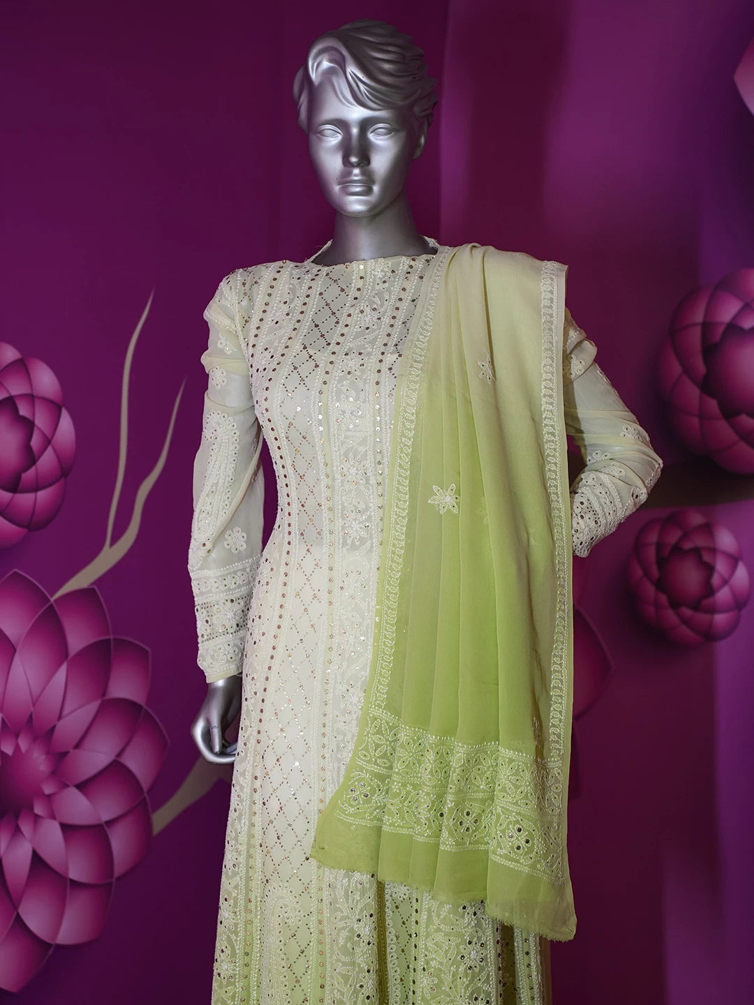 Ada Hand Embroidered Olive Green Pure Georgette Lucknowi Chikankari Semi-Stitched Anarkali Kurta Dupatta Set With Cutdana Work 01A388532