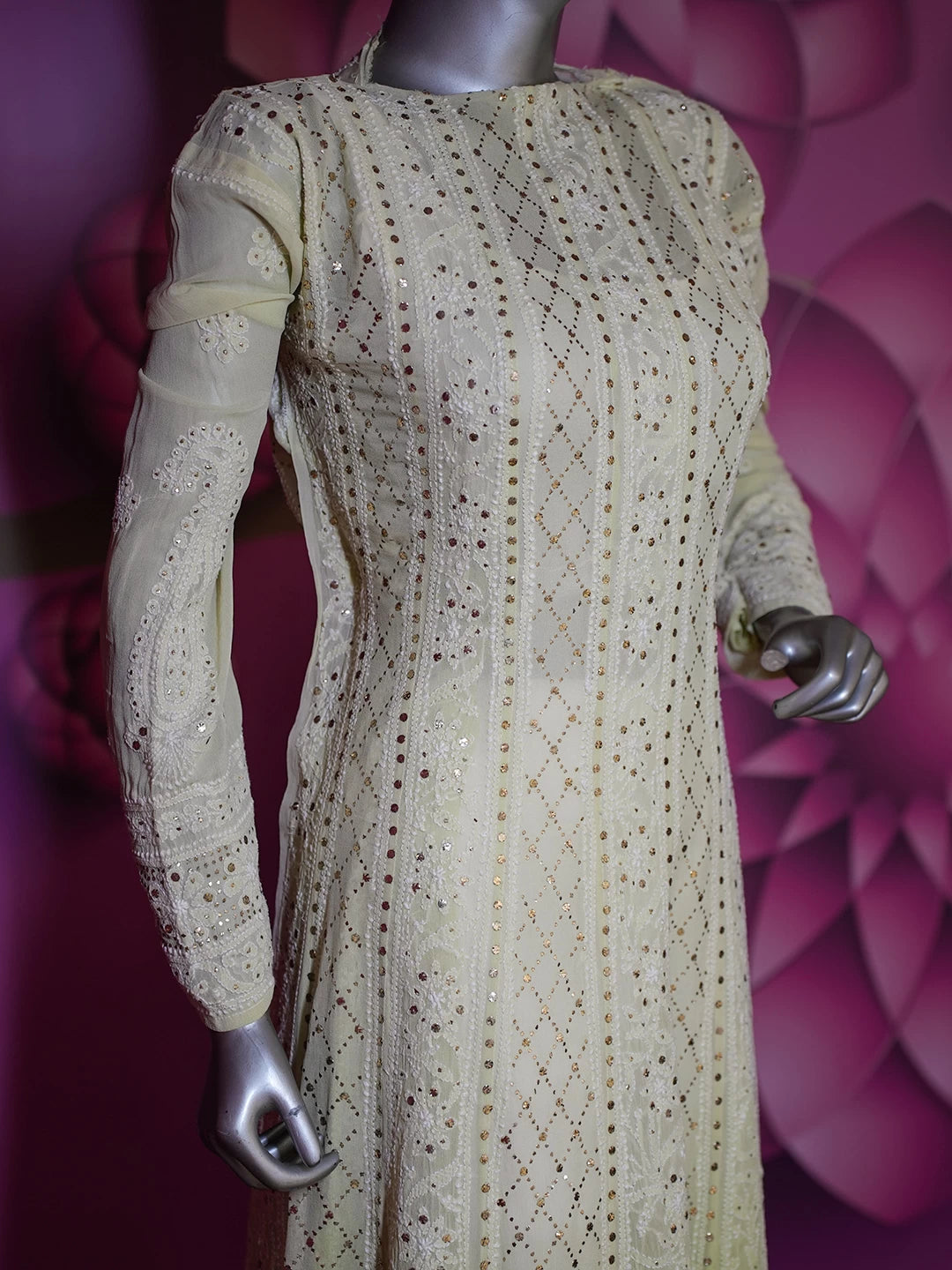 Ada Hand Embroidered Olive Green Pure Georgette Lucknowi Chikankari Semi-Stitched Anarkali Kurta Dupatta Set With Cutdana Work 01A388532