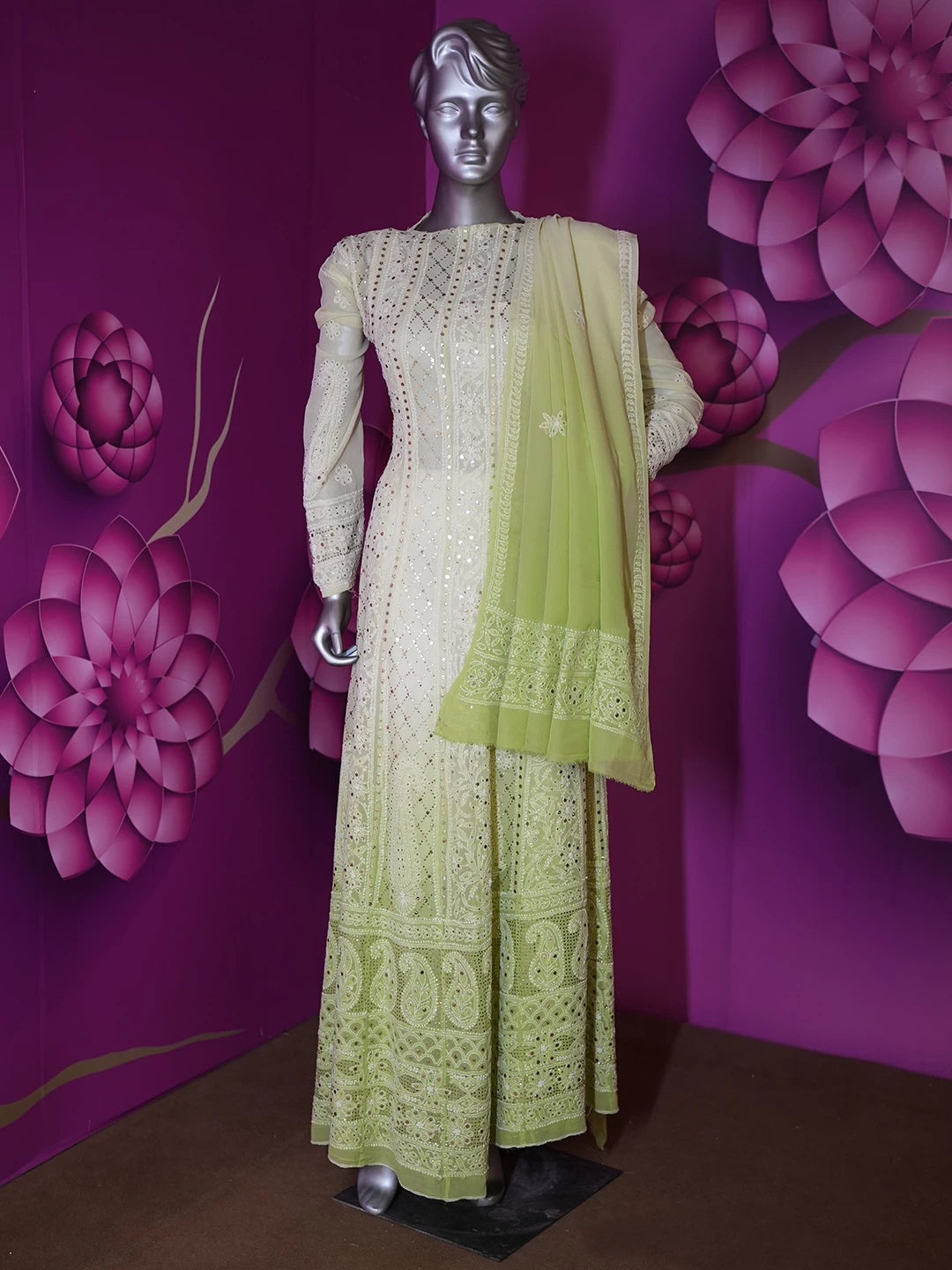 Ada Hand Embroidered Olive Green Pure Georgette Lucknowi Chikankari Semi-Stitched Anarkali Kurta Dupatta Set With Cutdana Work 01A388532