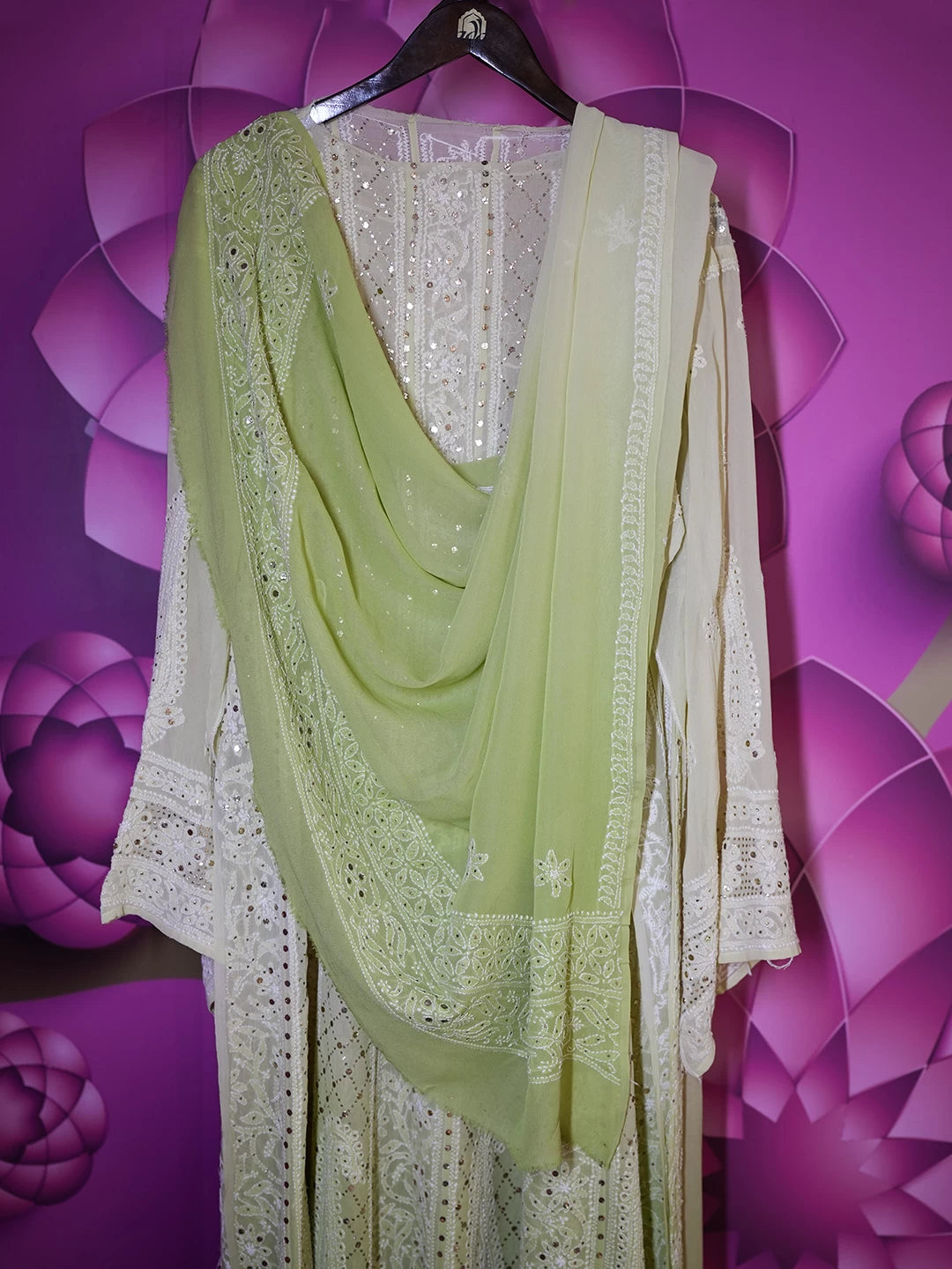 Ada Hand Embroidered Olive Green Pure Georgette Lucknowi Chikankari Semi-Stitched Anarkali Kurta Dupatta Set With Cutdana Work 01A388532
