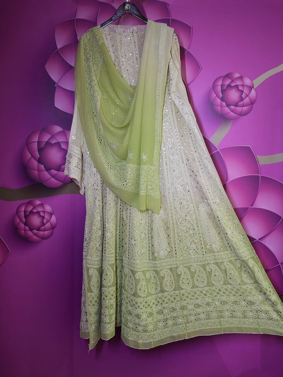 Ada Hand Embroidered Olive Green Pure Georgette Lucknowi Chikankari Semi-Stitched Anarkali Kurta Dupatta Set With Cutdana Work 01A388532