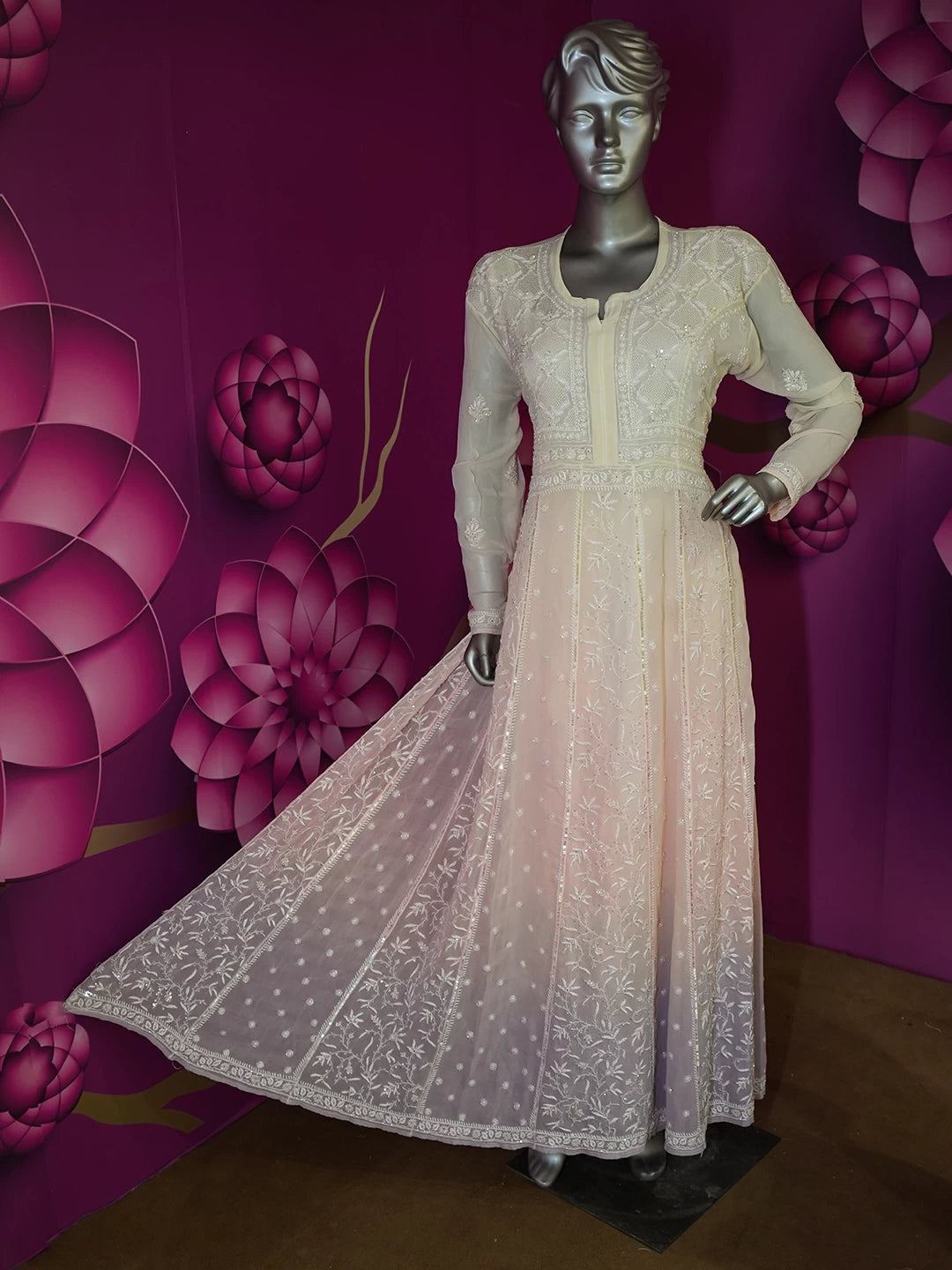 Ada Hand Embroidered Light Peach And Cream Georgette Lucknowi Chikankari Semi-Stitched Anarkali Kurta Dupatta Set With Cutdana Work A631924