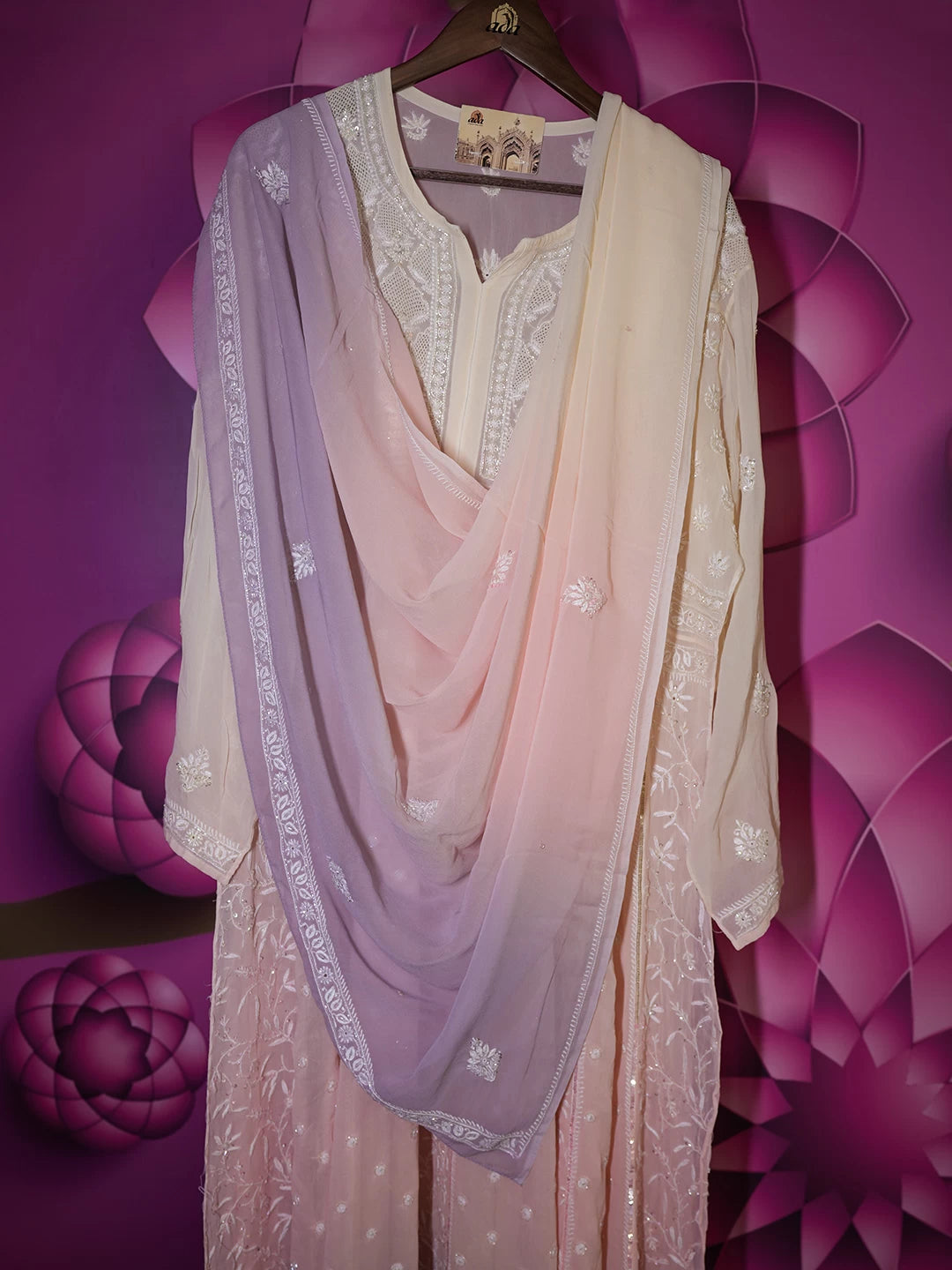 Ada Hand Embroidered Light Peach And Cream Georgette Lucknowi Chikankari Semi-Stitched Anarkali Kurta Dupatta Set With Cutdana Work A631924