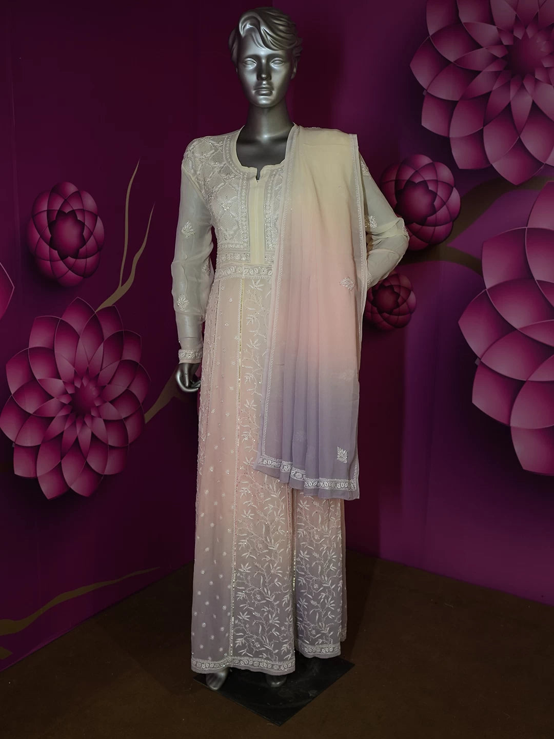 Ada Hand Embroidered Light Peach And Cream Georgette Lucknowi Chikankari Semi-Stitched Anarkali Kurta Dupatta Set With Cutdana Work A631924