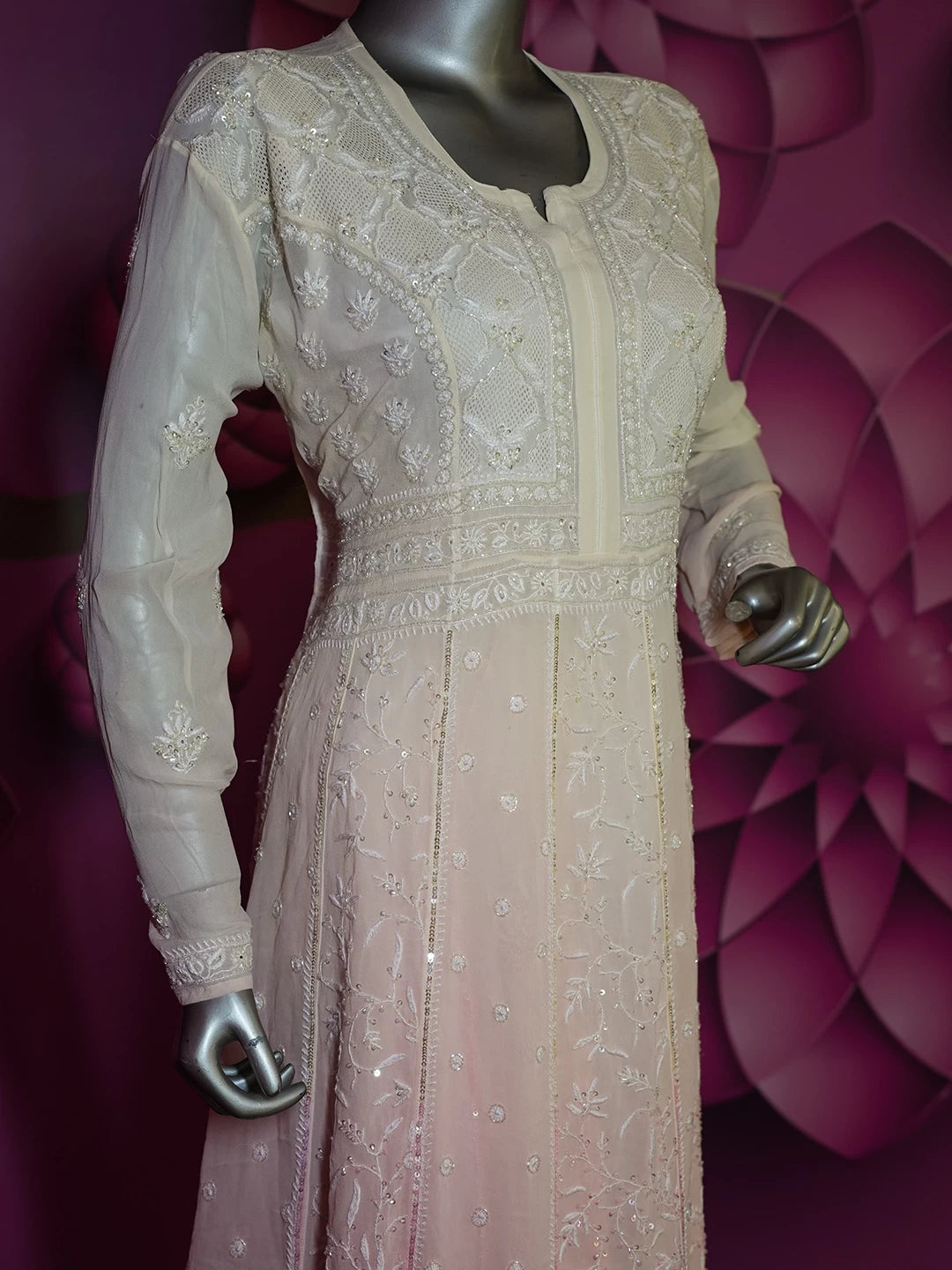 Ada Hand Embroidered Light Peach And Cream Georgette Lucknowi Chikankari Semi-Stitched Anarkali Kurta Dupatta Set With Cutdana Work A631924
