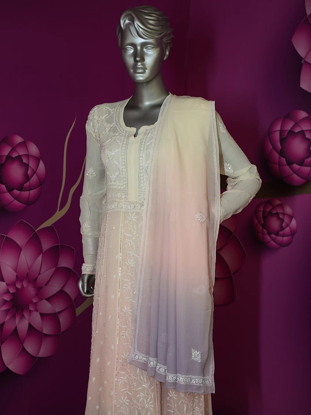 Ada Hand Embroidered Light Peach And Cream Georgette Lucknowi Chikankari Semi-Stitched Anarkali Kurta Dupatta Set With Cutdana Work A631924