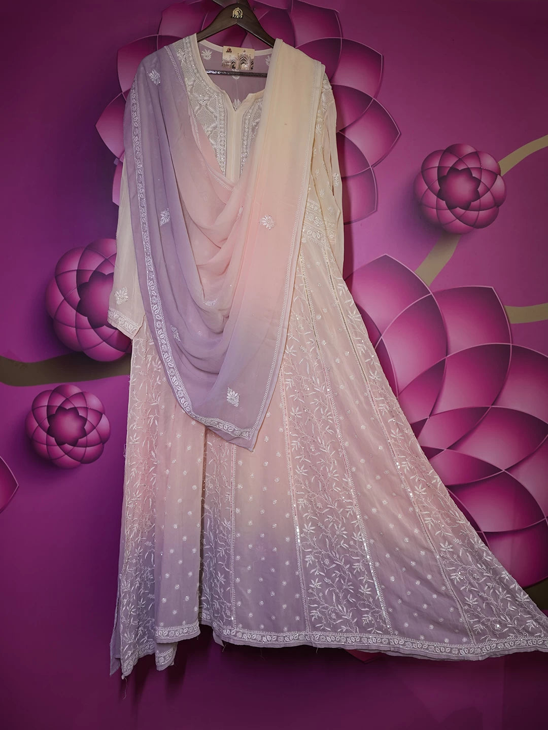 Ada Hand Embroidered Light Peach And Cream Georgette Lucknowi Chikankari Semi-Stitched Anarkali Kurta Dupatta Set With Cutdana Work A631924