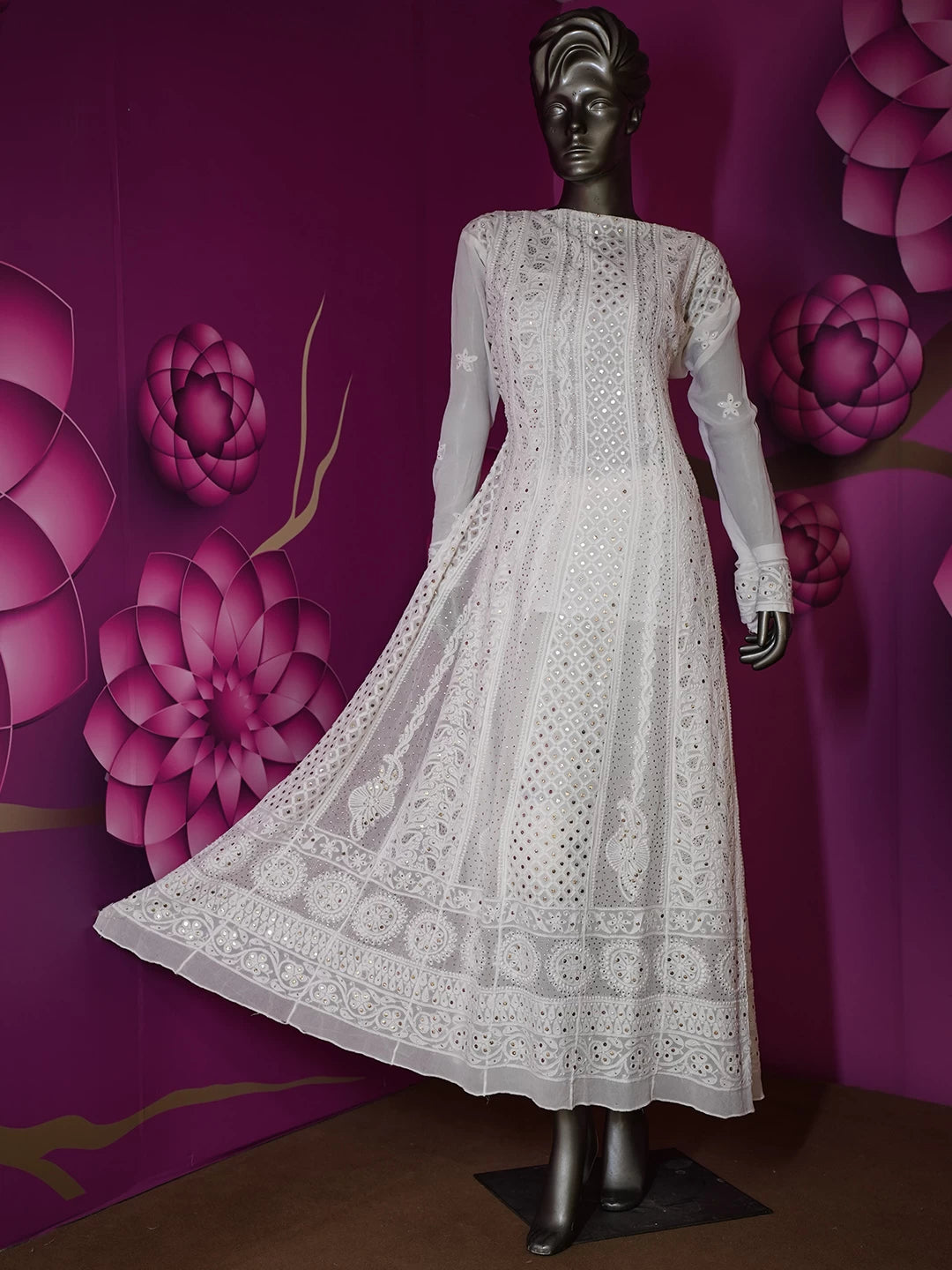 Ada Hand Embroidered White Viscose Georgette Lucknowi Chikankari Semi-Stitched Anarkali Kurta Dupatta Set With Muqaish Work 01A394632