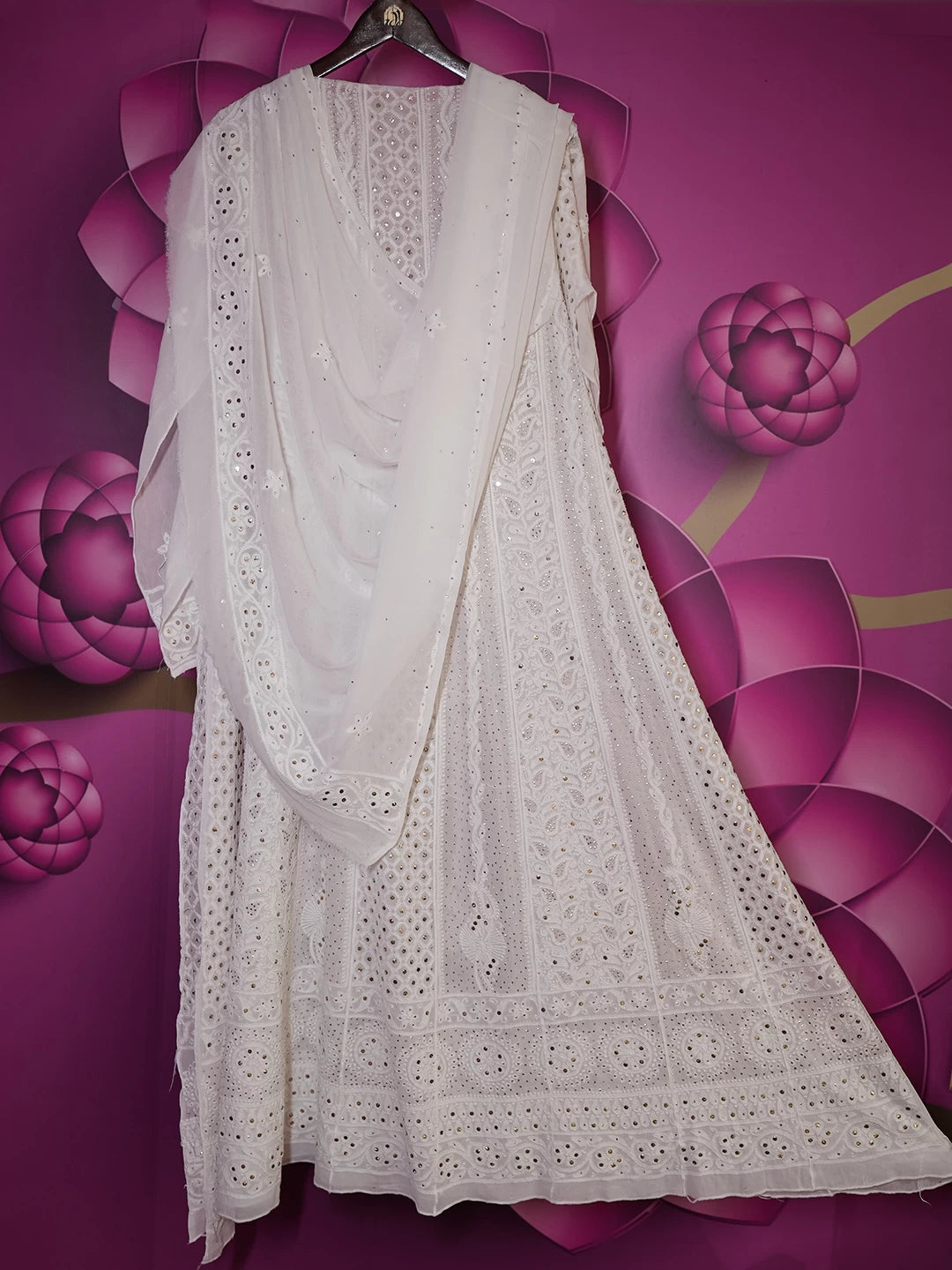 Ada Hand Embroidered White Viscose Georgette Lucknowi Chikankari Semi-Stitched Anarkali Kurta Dupatta Set With Muqaish Work 01A394632