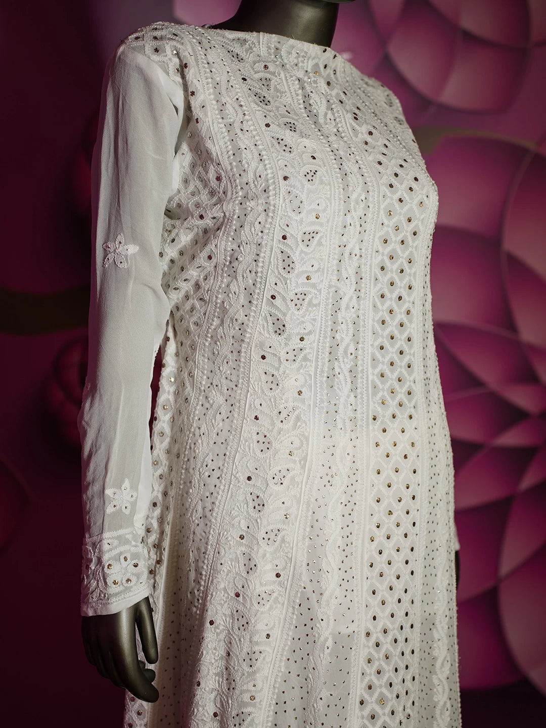 Ada Hand Embroidered White Viscose Georgette Lucknowi Chikankari Semi-Stitched Anarkali Kurta Dupatta Set With Muqaish Work 01A394632