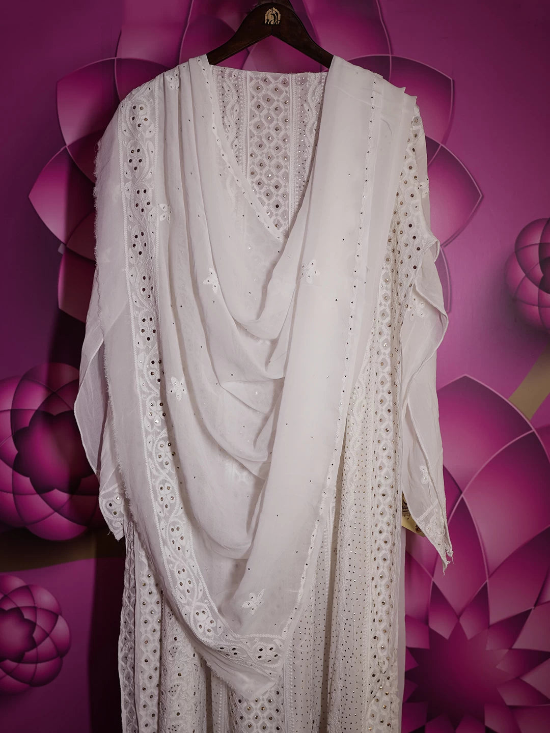Ada Hand Embroidered White Viscose Georgette Lucknowi Chikankari Semi-Stitched Anarkali Kurta Dupatta Set With Muqaish Work 01A394632