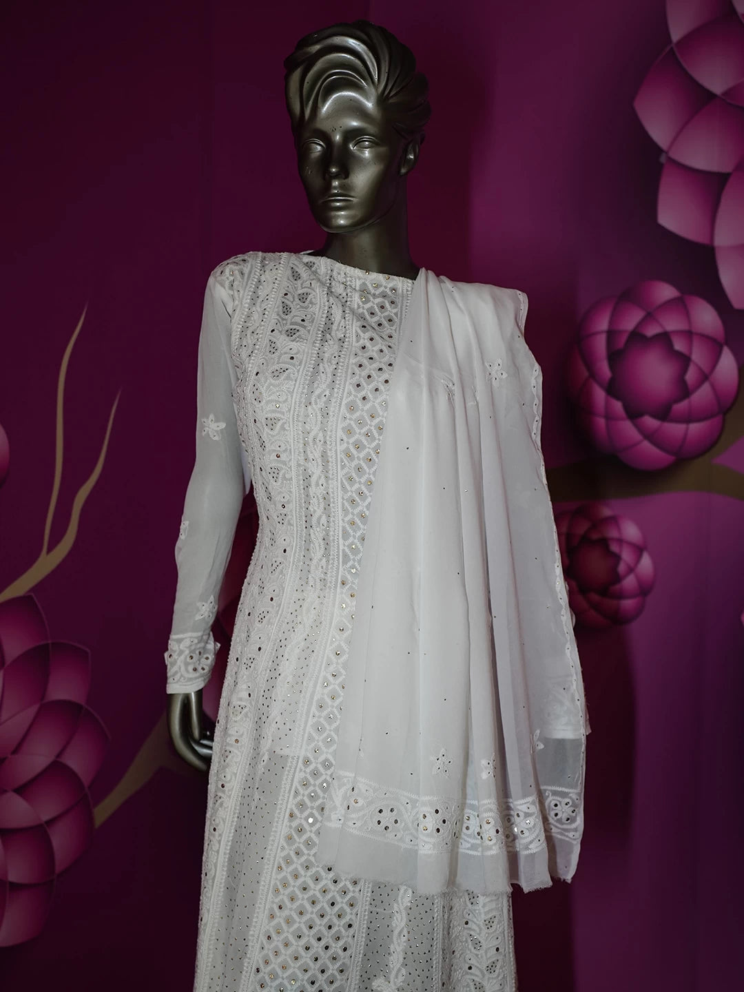 Ada Hand Embroidered White Viscose Georgette Lucknowi Chikankari Semi-Stitched Anarkali Kurta Dupatta Set With Muqaish Work 01A394632