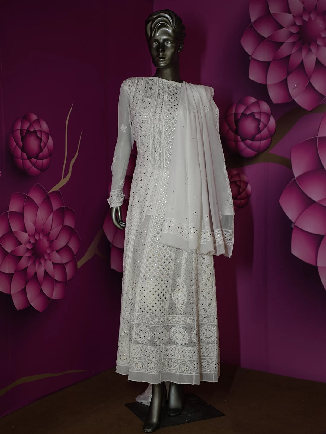 Ada Hand Embroidered White Viscose Georgette Lucknowi Chikankari Semi-Stitched Anarkali Kurta Dupatta Set With Muqaish Work 01A394632