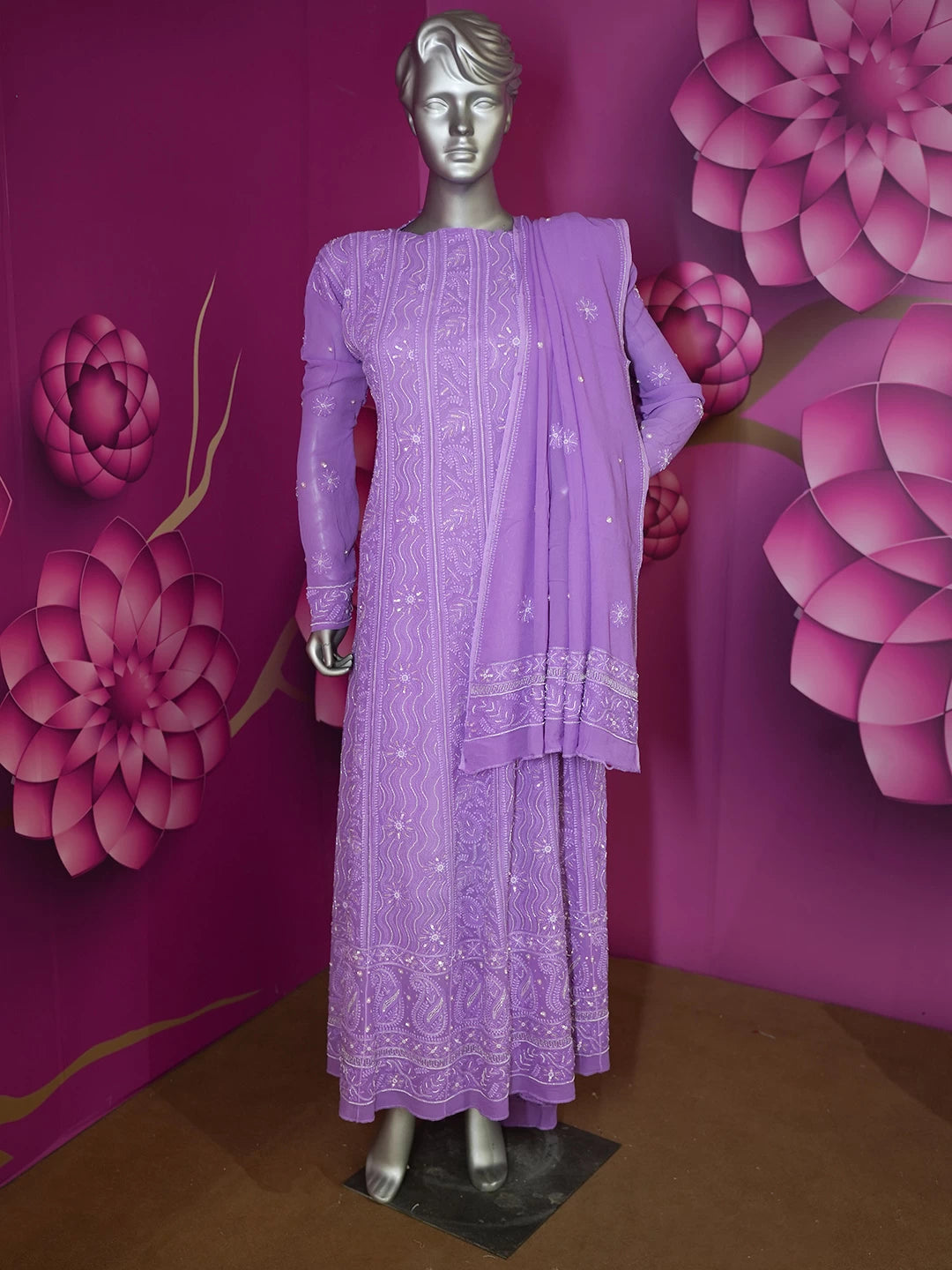 Ada Hand Embroidered Purple Georgette Lucknowi Chikankari Semi-Stitched Anarkali Kurta Dupatta Set With Pearl Work 01A360190