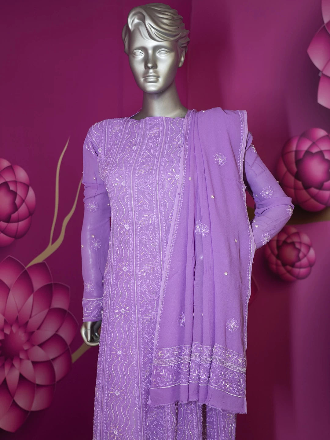 Ada Hand Embroidered Purple Georgette Lucknowi Chikankari Semi-Stitched Anarkali Kurta Dupatta Set With Pearl Work 01A360190