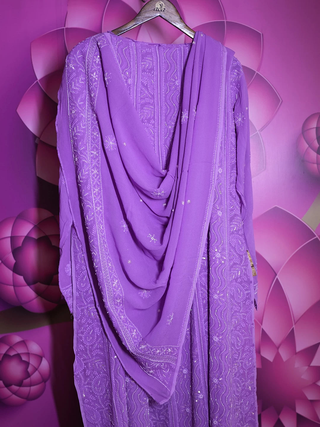 Ada Hand Embroidered Purple Georgette Lucknowi Chikankari Semi-Stitched Anarkali Kurta Dupatta Set With Pearl Work 01A360190