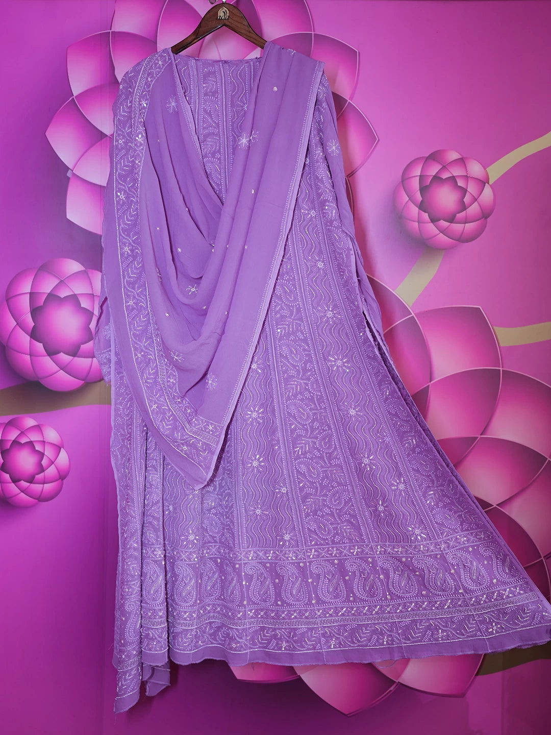 Ada Hand Embroidered Purple Georgette Lucknowi Chikankari Semi-Stitched Anarkali Kurta Dupatta Set With Pearl Work 01A360190