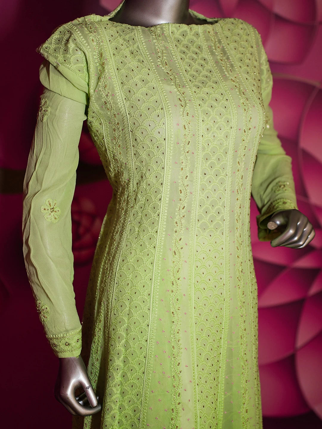 Ada Hand Embroidered Ombre shade Of Green Viscose Georgette Lucknowi Chikankari Semi-Stitched Anarkali Kurta Dupatta Set With Cutdana Work 01A302552
